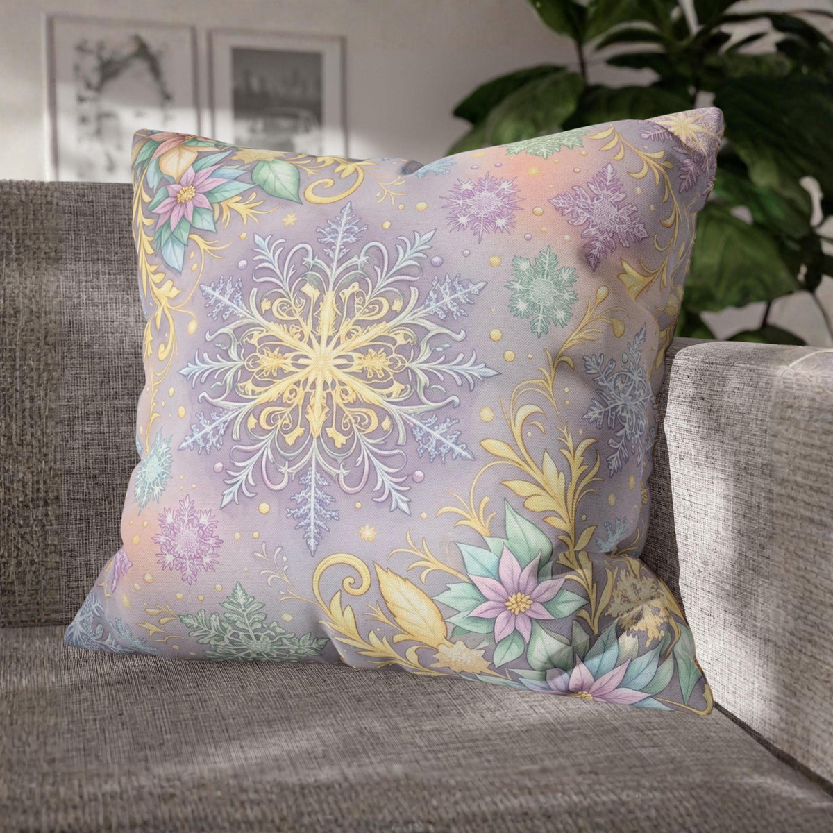 Pastel Snowflake Pillow Cover: Coquette Christmas Decor, Dreamy Lilac Mint Winter