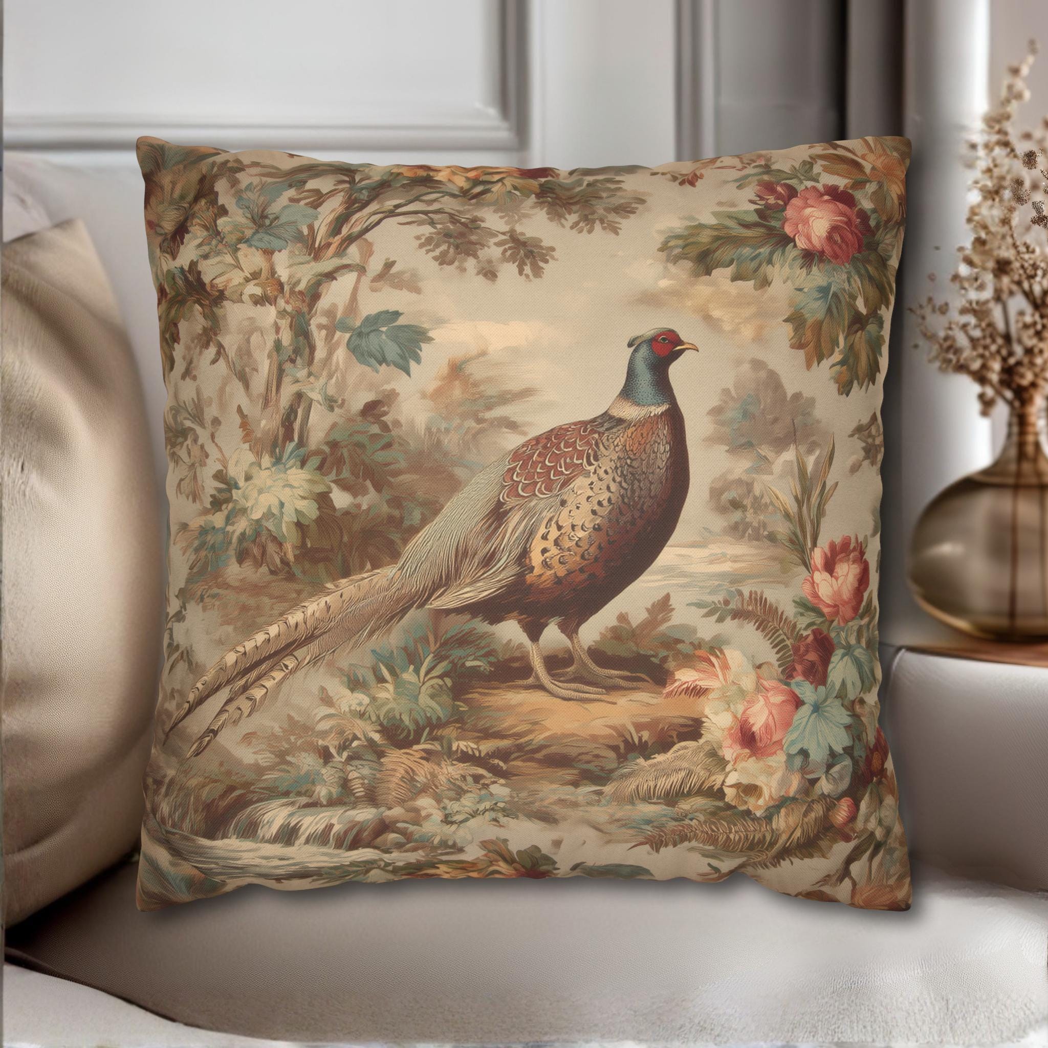 French Country Pheasant Throw Pillow Cover: Vintage Style Toile Bird Design