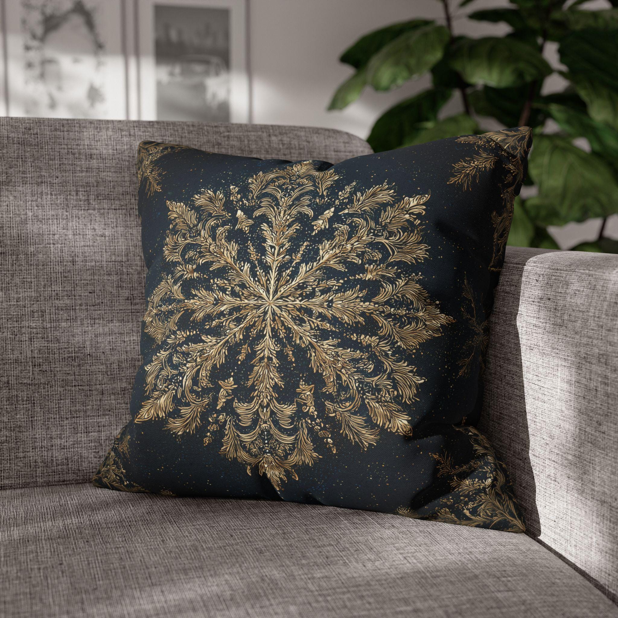 Navy & Gold Christmas Snowflake Pillow Cover: Square Polyester, 14-20 Inches