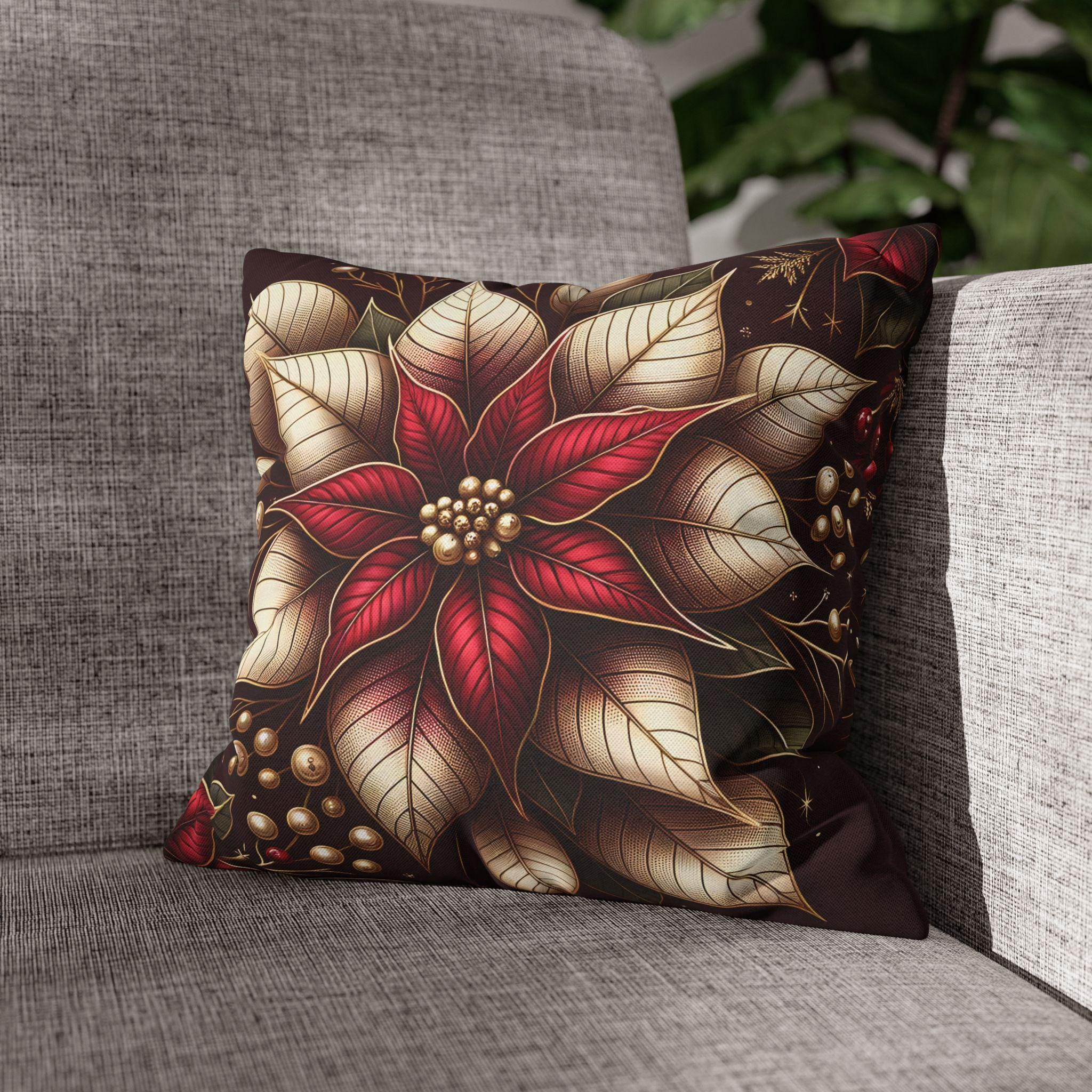 Luxurious Burgundy Poinsettia & Mistletoe Christmas Pillow Cover: Elegant Holiday Decor for Sofa