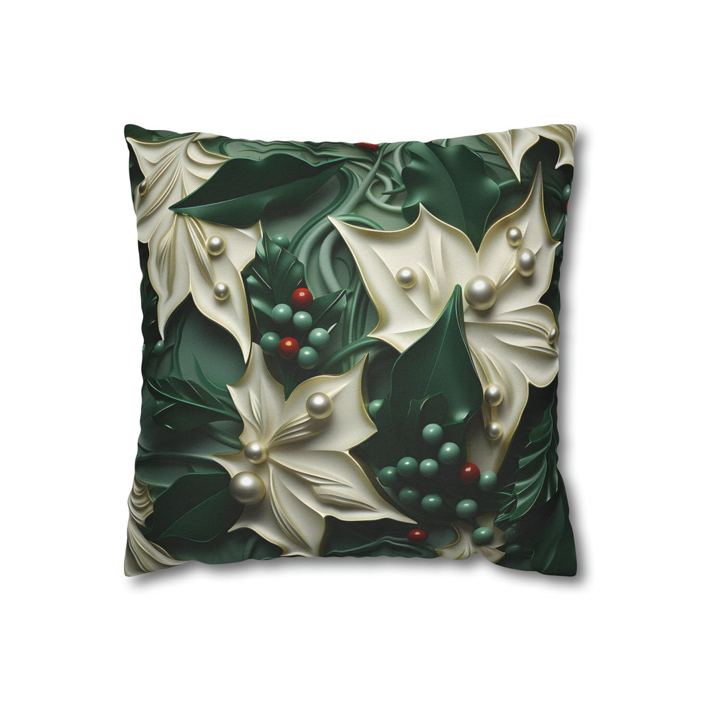 Elegant Holly Leaves & Berries Pillow Cover: Winter Emerald Green Decor with Smooth Design