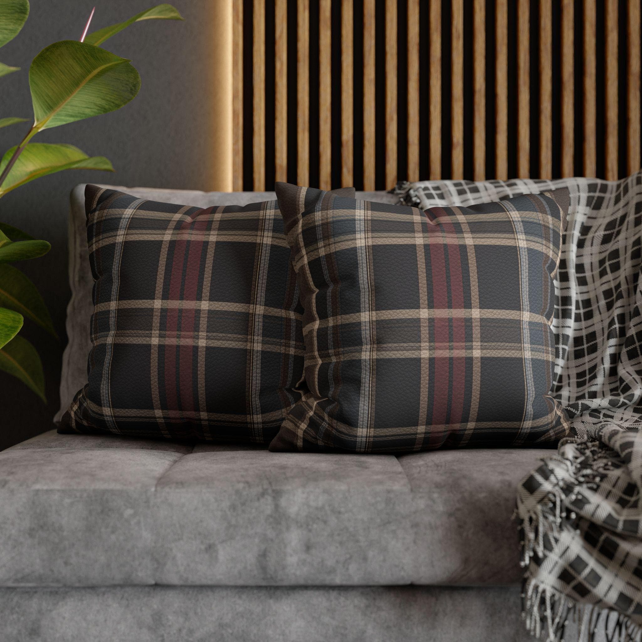 Vegan Faux Suede Material Printed Pillow Cover: Modern Plaid Soft Leather-Look