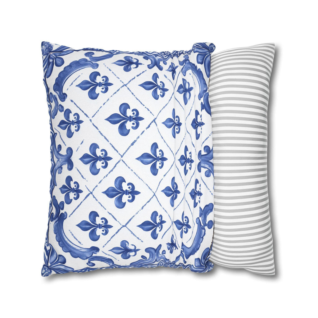 Fleur de Lis Pillow Cover: Blue & White French Tile Design