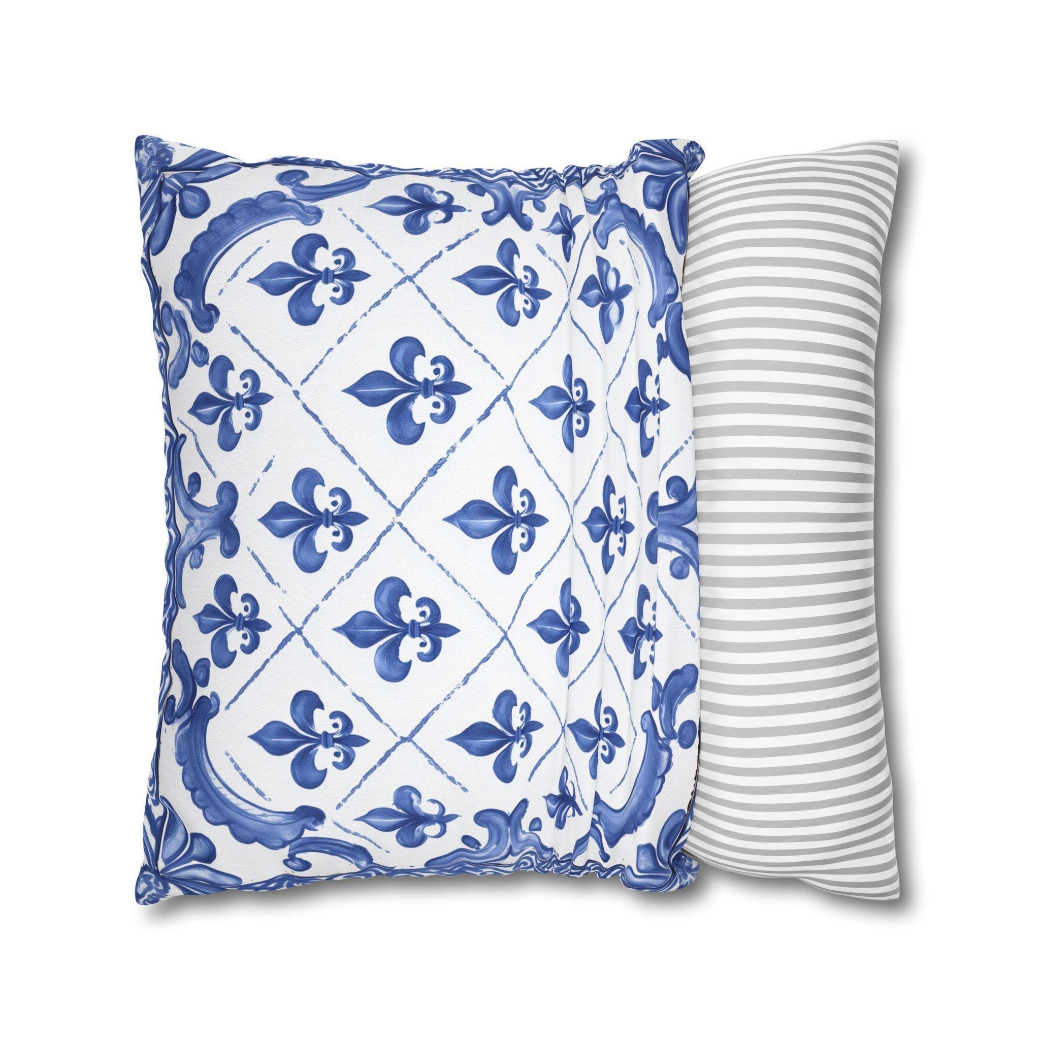 Fleur de Lis Pillow Cover: Blue & White French Tile Design