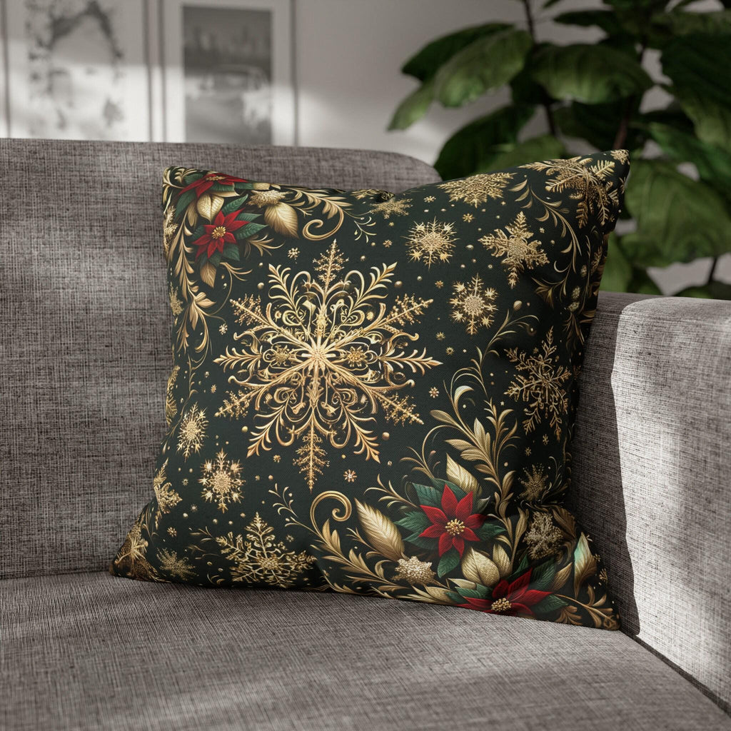 Poinsettia Christmas Holiday Throw Pillow Cover: Golden Snowflakes and Emerald Elegance Decorative Case