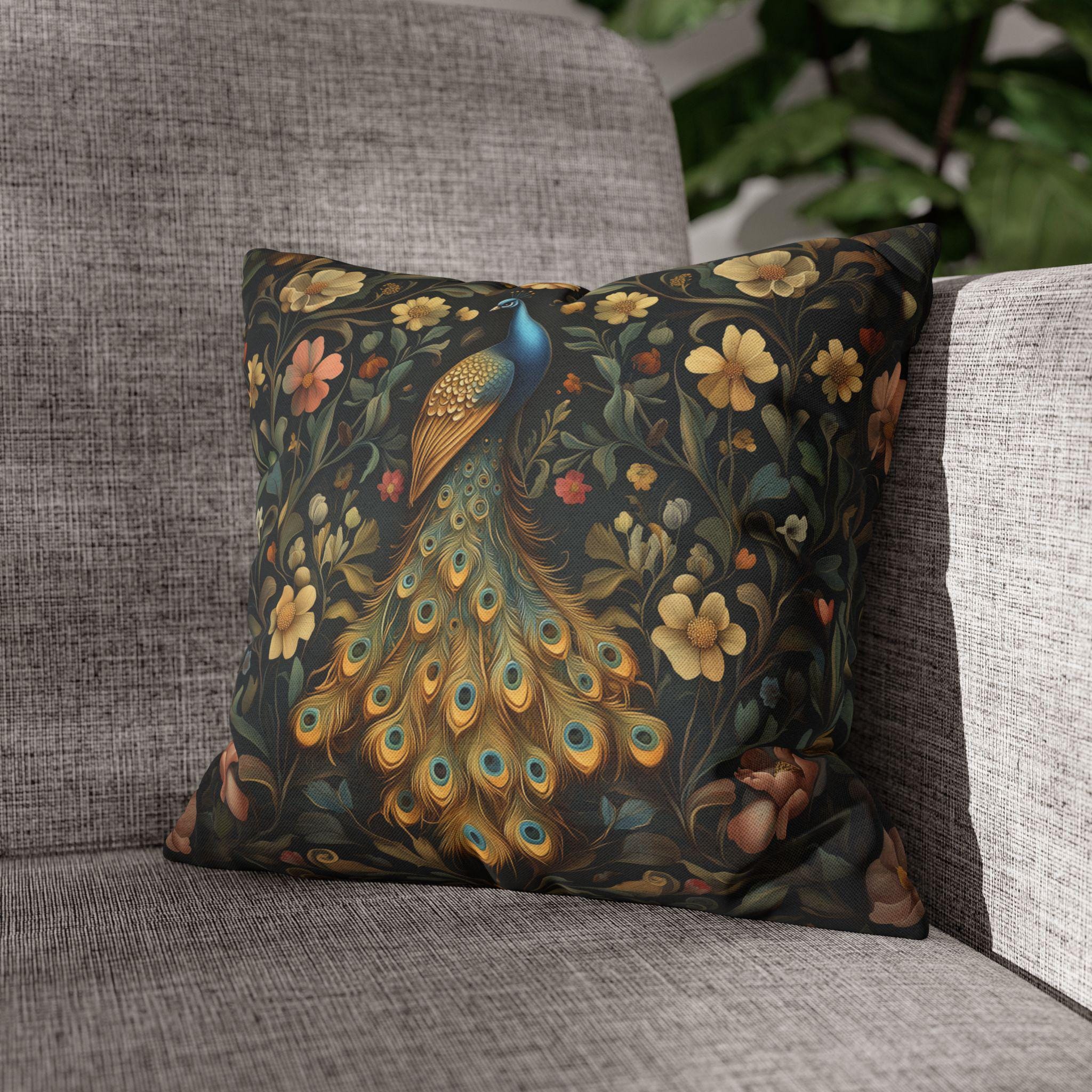 William Morris Inspired Peacock Pillow Cover: Teal-Blue Gold Floral, on a Charcoal Backdrop