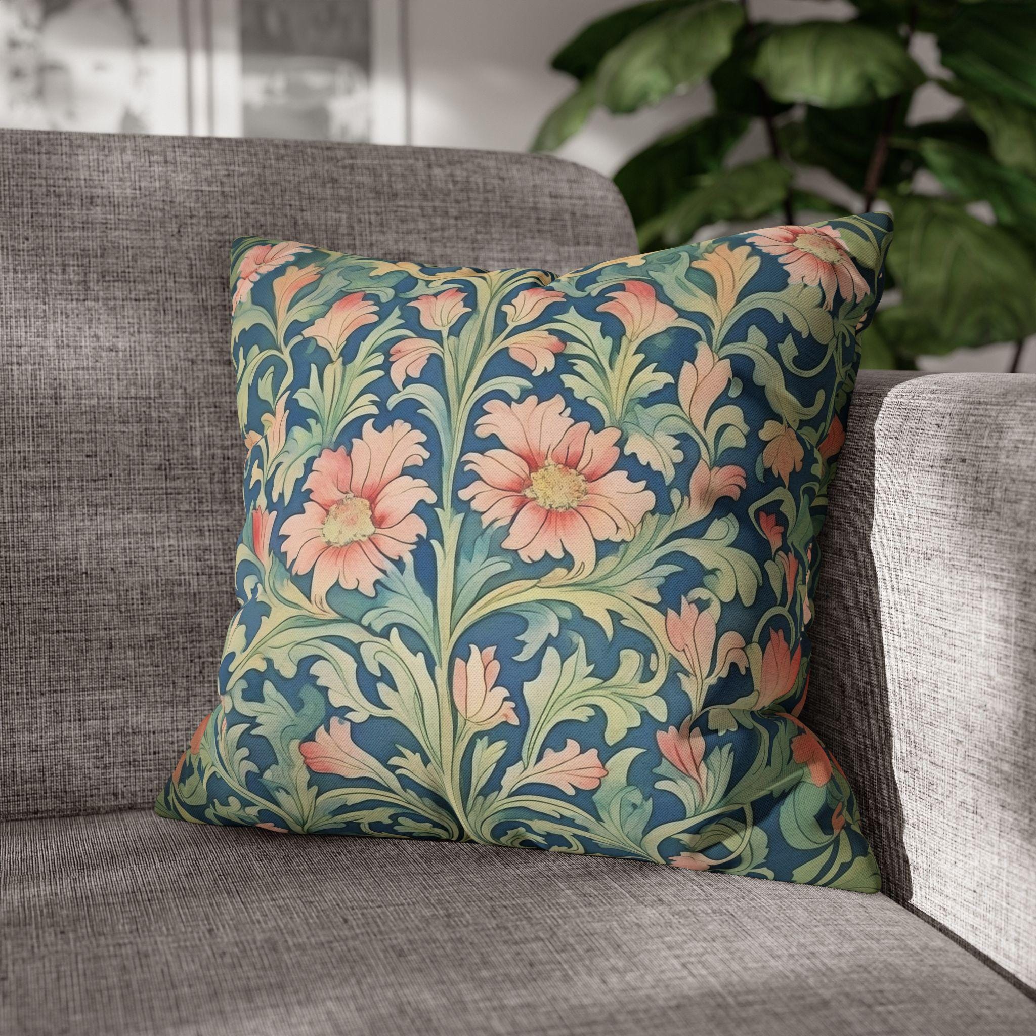 William Morris Pimpernel-Inspired Pillow Cover: Modern Blue & Coral Pink Botanical