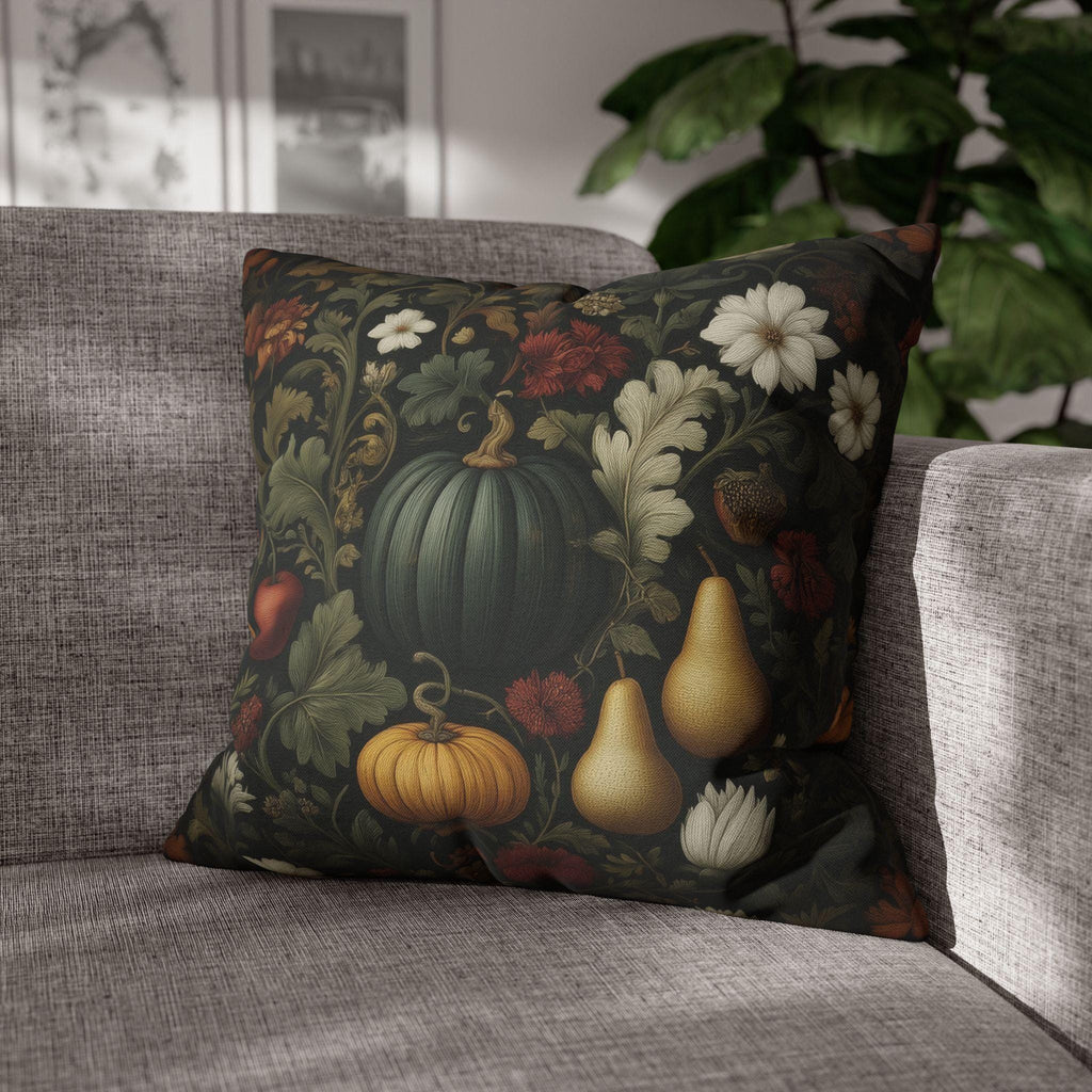 William Morris Inspired Pillow Cover: Midnight Harvest with Pumpkins, Pears & Florals