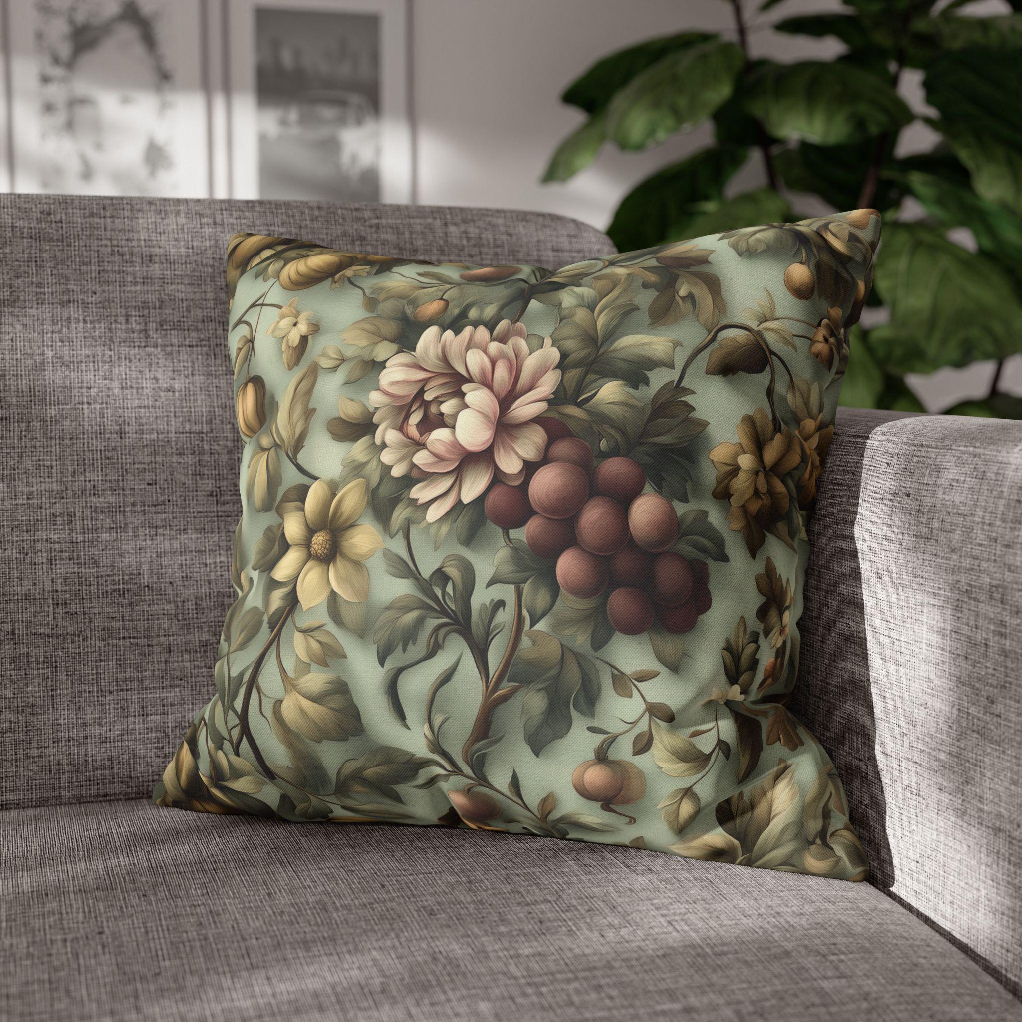 William Morris Inspired Autumn Floral Pillow Cover: Celadon, Fig Purple, Gold Heirloom Design