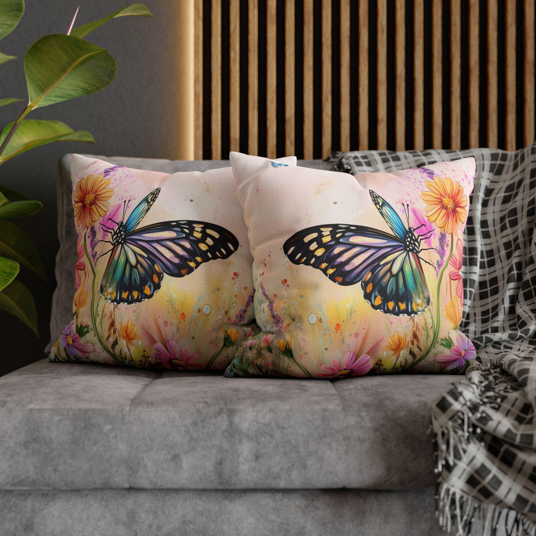 Vibrant Butterfly Garden Pillow Cover: Watercolor Floral Accent for Home Decor