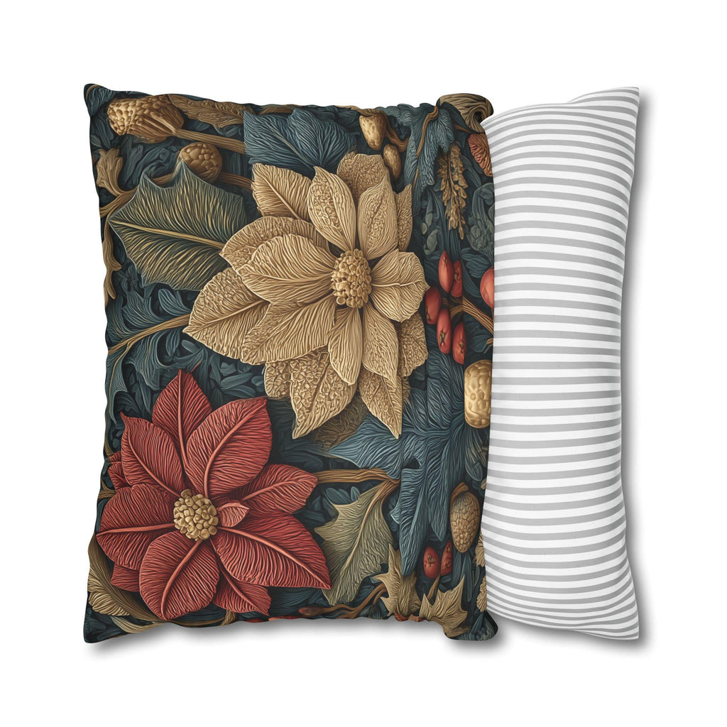 William Morris Christmas Pillow Cover: Wine and Taupe Poinsettia Woodland Illustration Euro Sizes