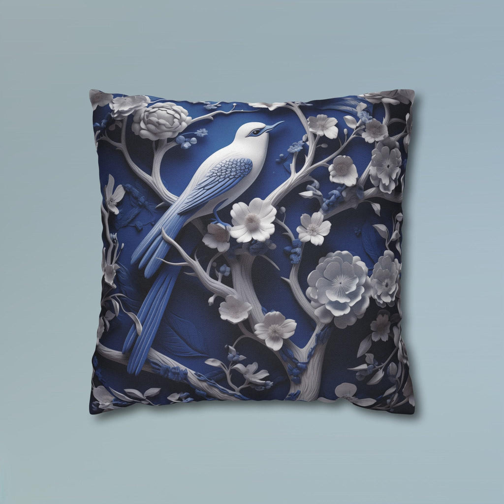 Elegant Chinoiserie Blue Bird Pillow Cover: Porcelain-Inspired White Blossom Home Decor Cushion