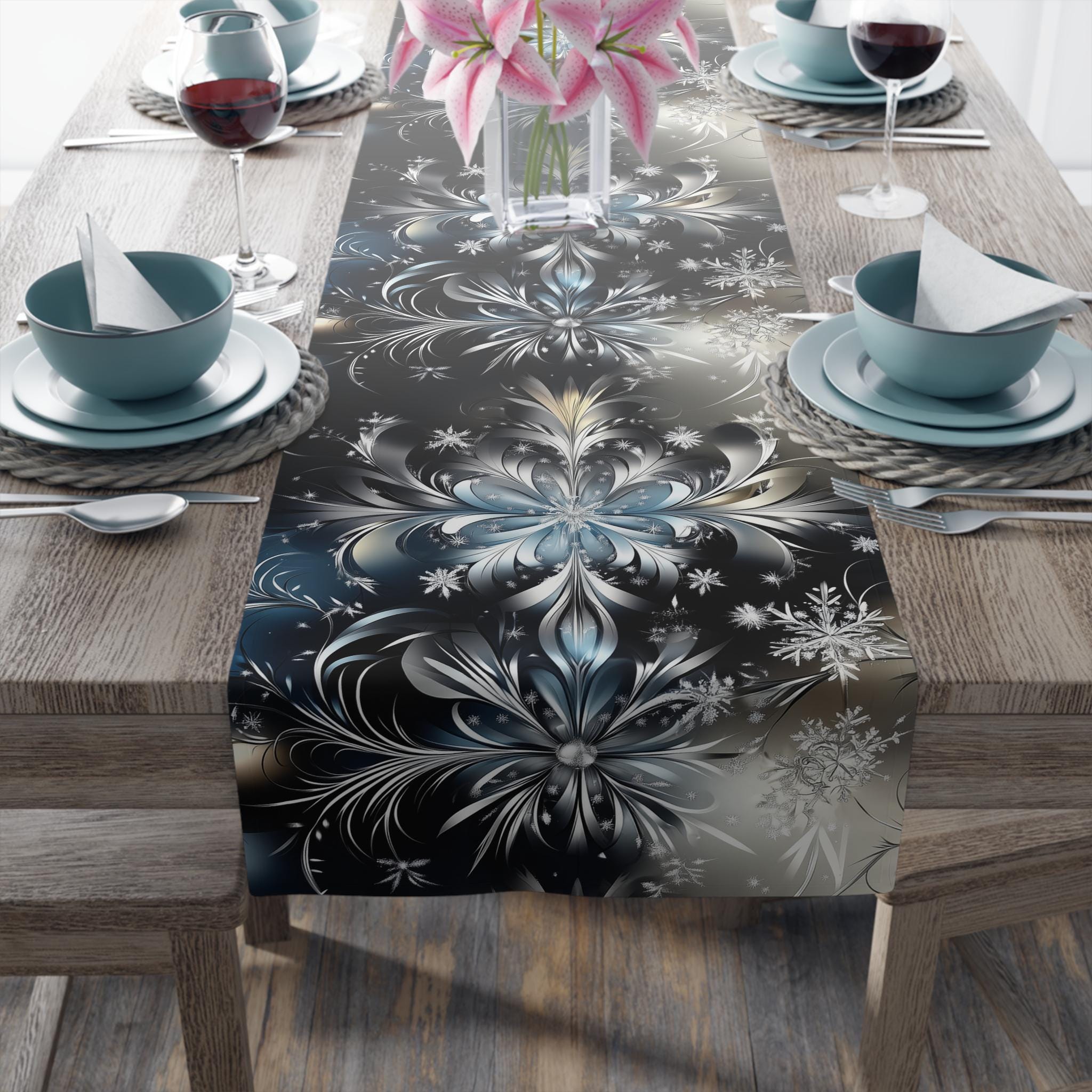 Winter Snowflake Table Runner: Holiday Dining Decor (Cotton or Poly)