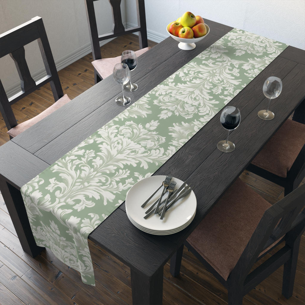 Elegant Muted Green Damask Table Runner: Timeless Floral Design for Weddings, Dining & Home Decor