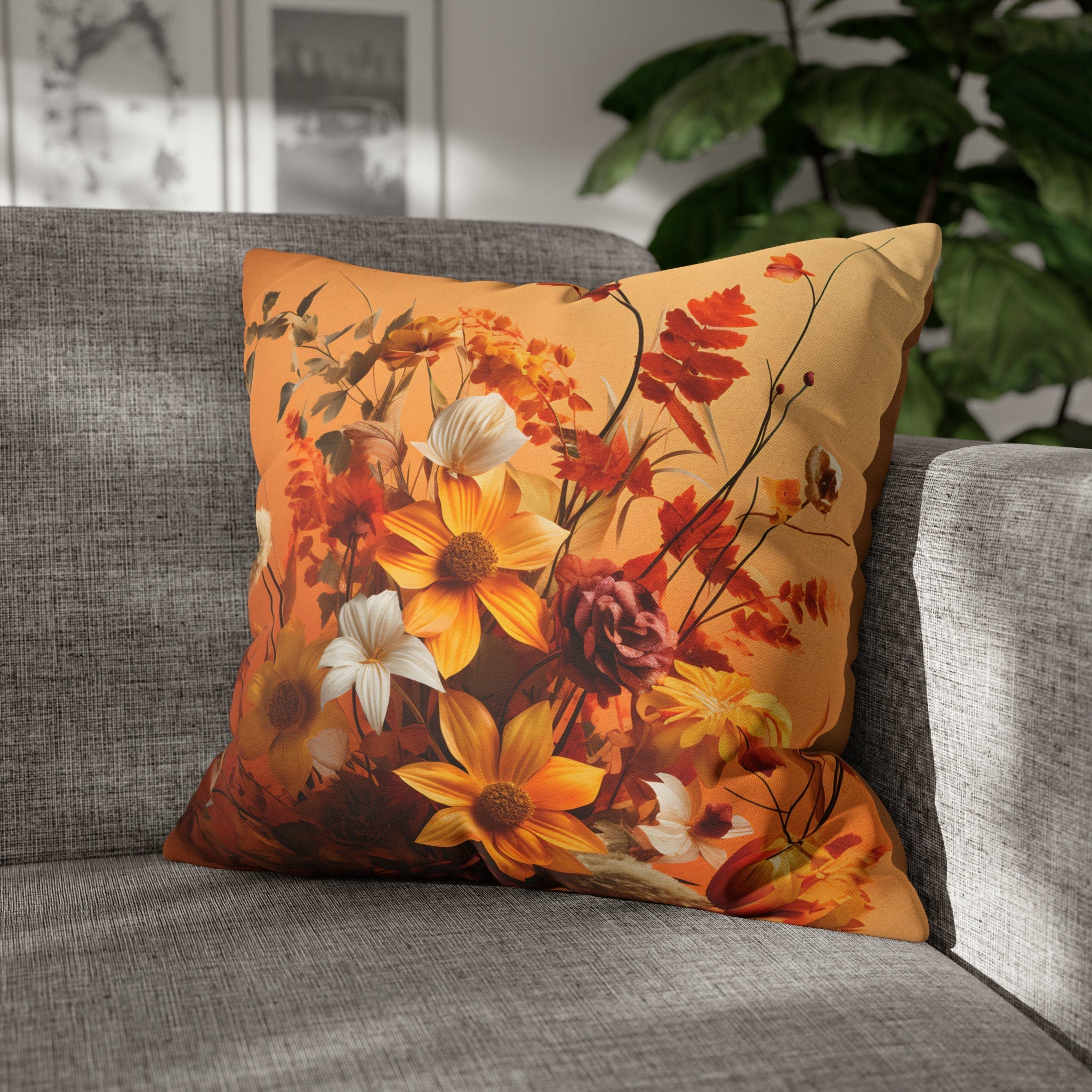 Light Pumpkin Orange Fall-Themed Wildflower Decorative Throw Pillow Cover