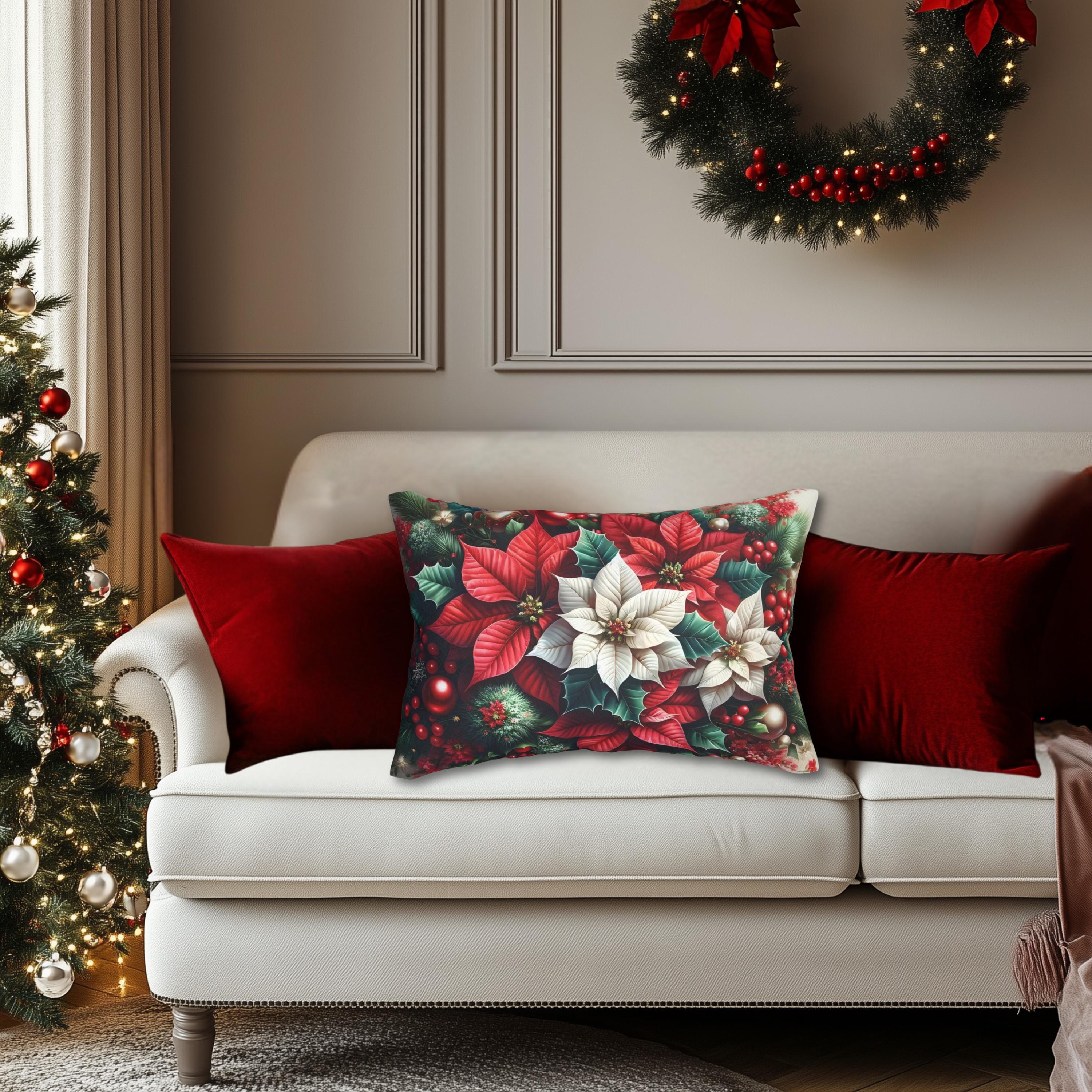 Poinsettia Christmas Lumbar Pillow Cover Red White Holiday Floral Accent in Festive Winter Style