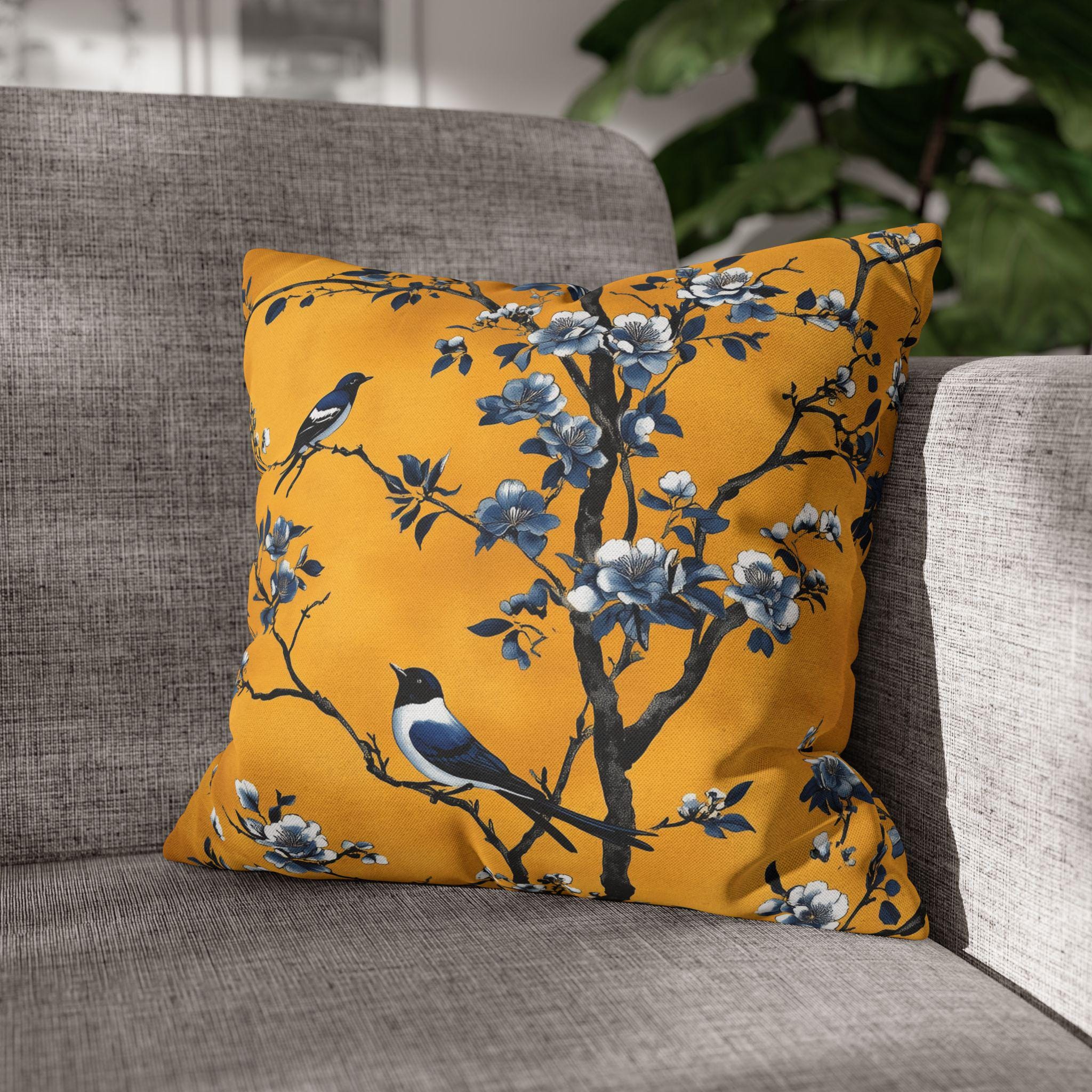 Elegant Chinoiserie Bird Pillow Cover: Golden Yellow & Blue Floral Cushion Case for Eclectic Decor