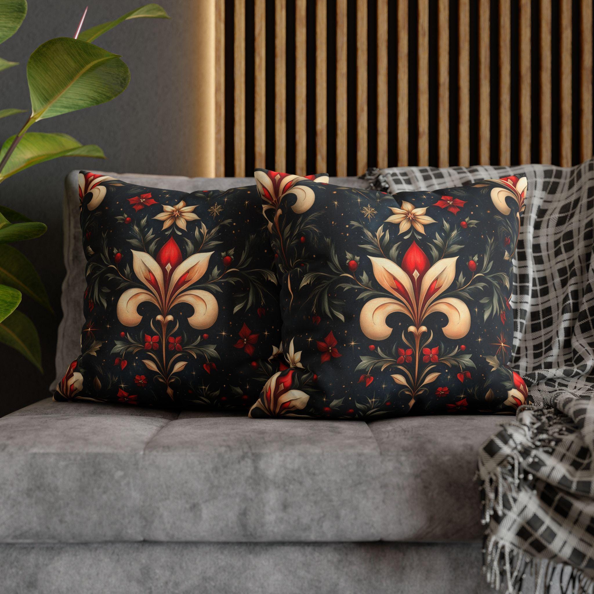Holiday Fleur-de-lis Pillow Cover: Red Gold Floral Christmas Decor