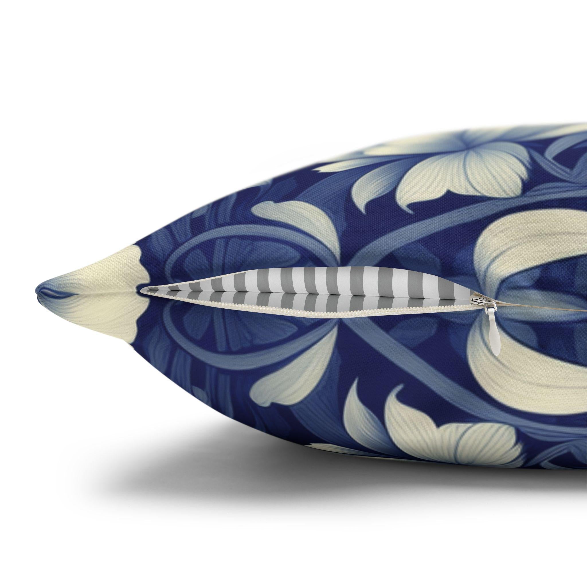 William Morris Inspired Lion Pillow Cover: Blue & White Floral Jungle Motif Decorative Cushion Case