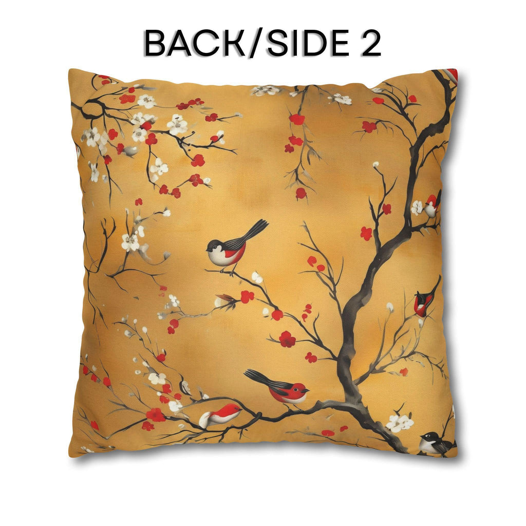 Chinoiserie Pillow Cover: Gold, Red Blossoms & Birds - Asian Decor