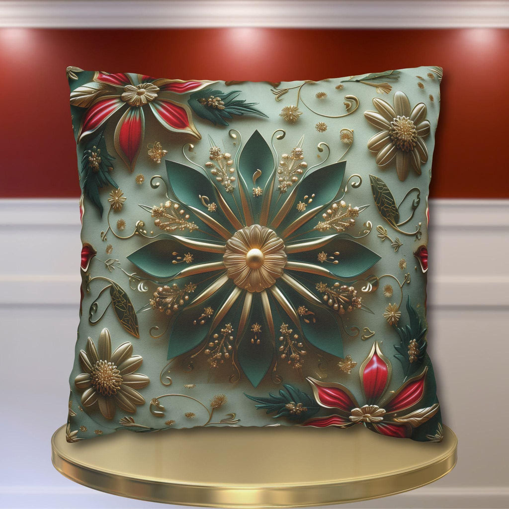 Elegant Christmas Pillow Cover: Snowflake, Poinsettias, Gold Details