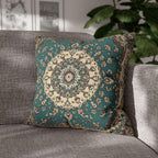 Teal and Ivory Persian-Inspired Pillow Cover: Vintage Carpet Look with Ornate Medallion Design