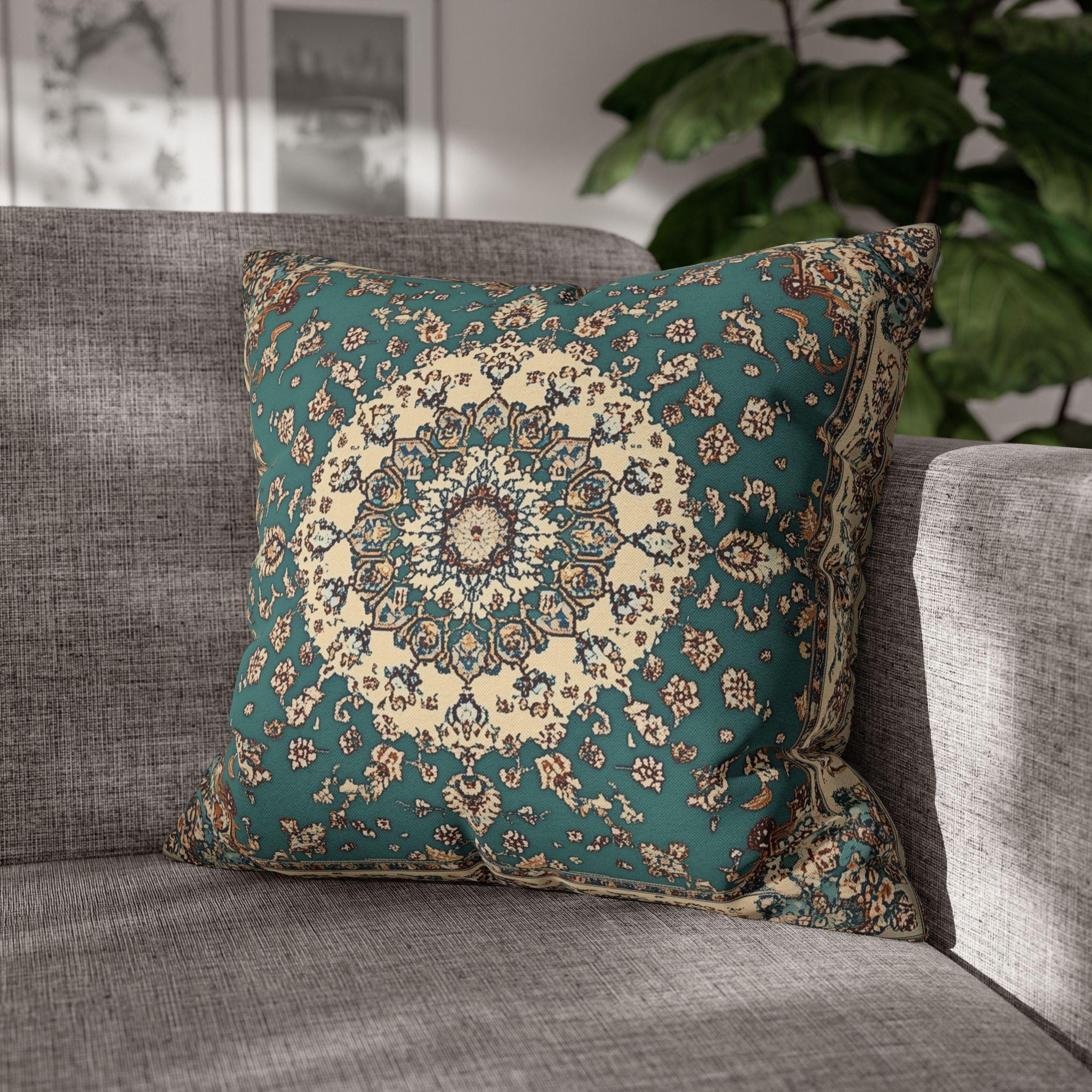 Teal and Ivory Persian-Inspired Pillow Cover: Vintage Carpet Look with Ornate Medallion Design