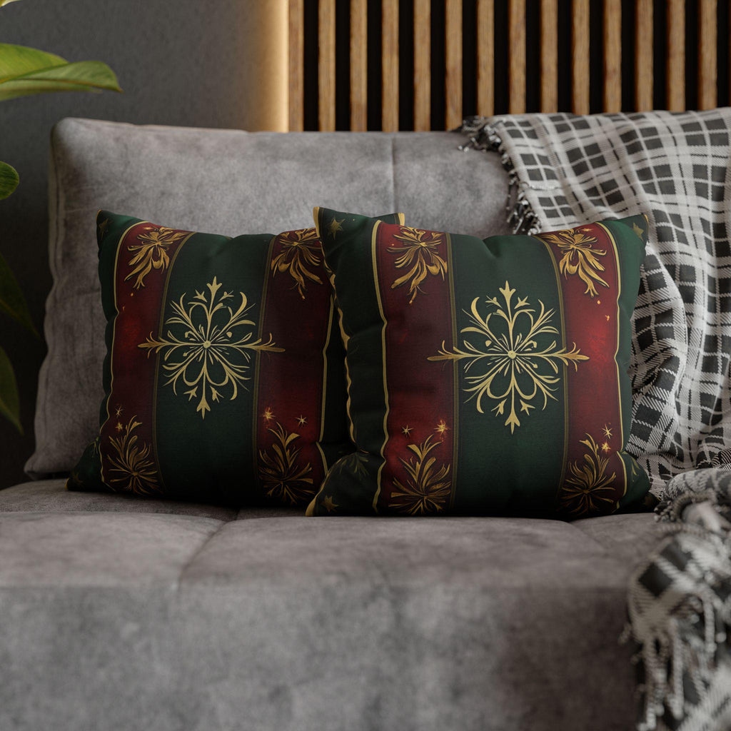 Red and Green Striped Holiday Pillow Cover: Gold Floral Accent