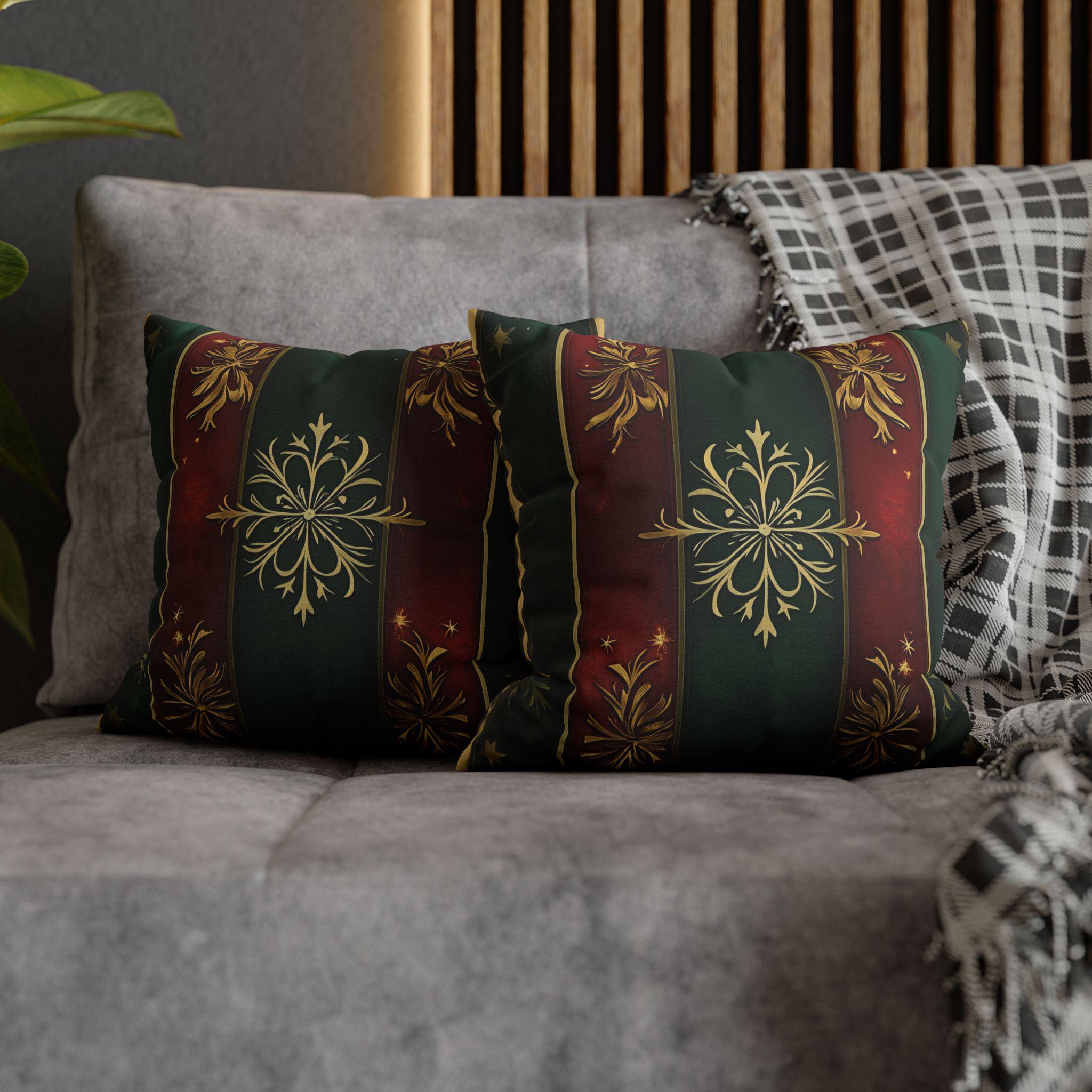 Red and Green Striped Holiday Pillow Cover: Gold Floral Accent