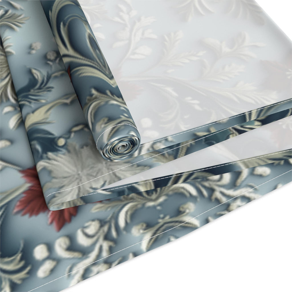 Elegant Blue Chinoiserie Christmas Table Runner: Snowflake & Holly Design for Holiday Dining Decor