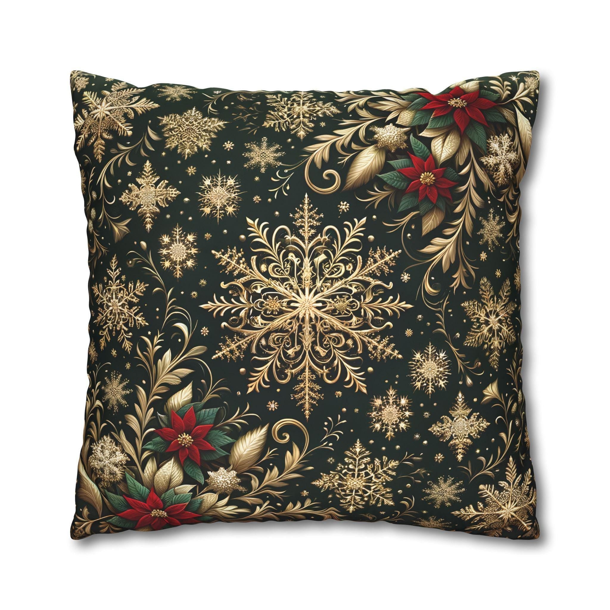 Elegant Emerald Poinsettia & Snowflake Euro Sham: Festive Holiday Pillow Cover (24x24, 26x26)