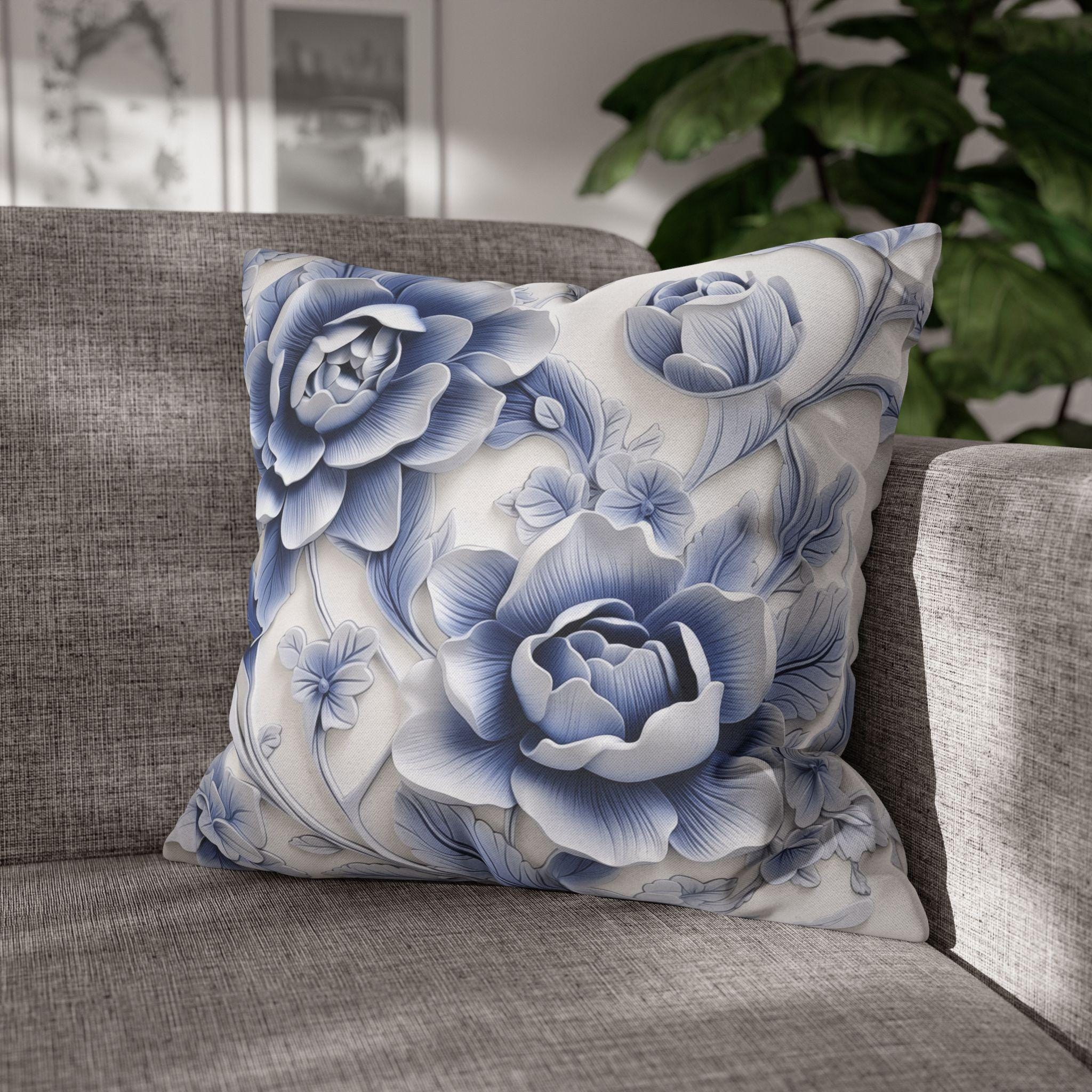Elegant Blue & White Chinoiserie Peony Pillowcase: Asian-Inspired Floral Cushion Cover for Home Decor