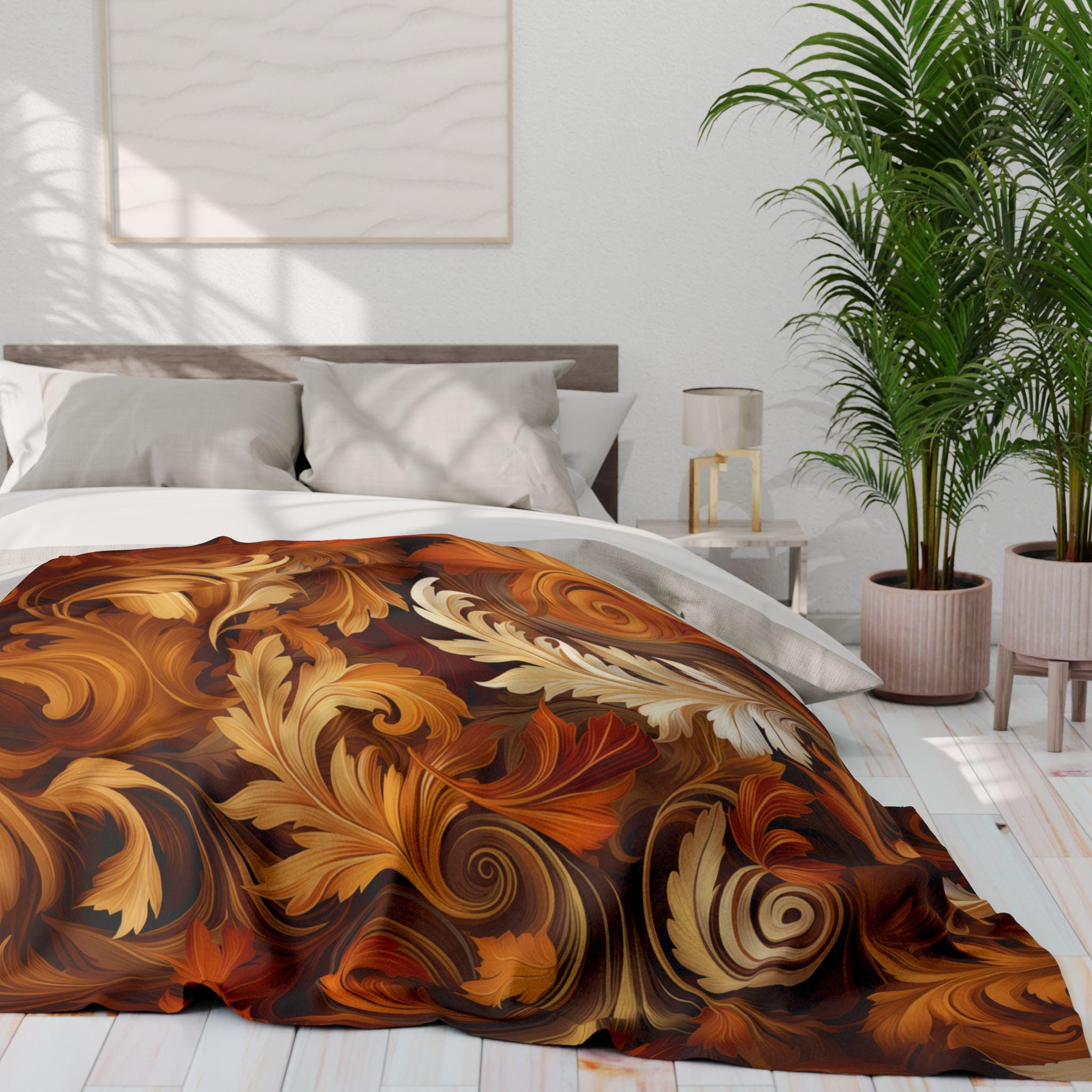 Autumnal Foliage Fleece Blanket: Ornate Swirling Leaves, Cozy Home Decor