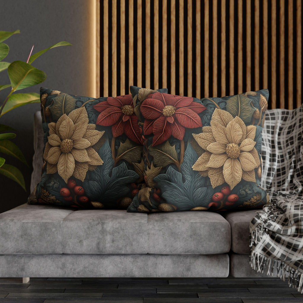 William Morris Christmas Pillow Cover: Wine and Taupe Poinsettia Woodland Illustration Euro Sizes