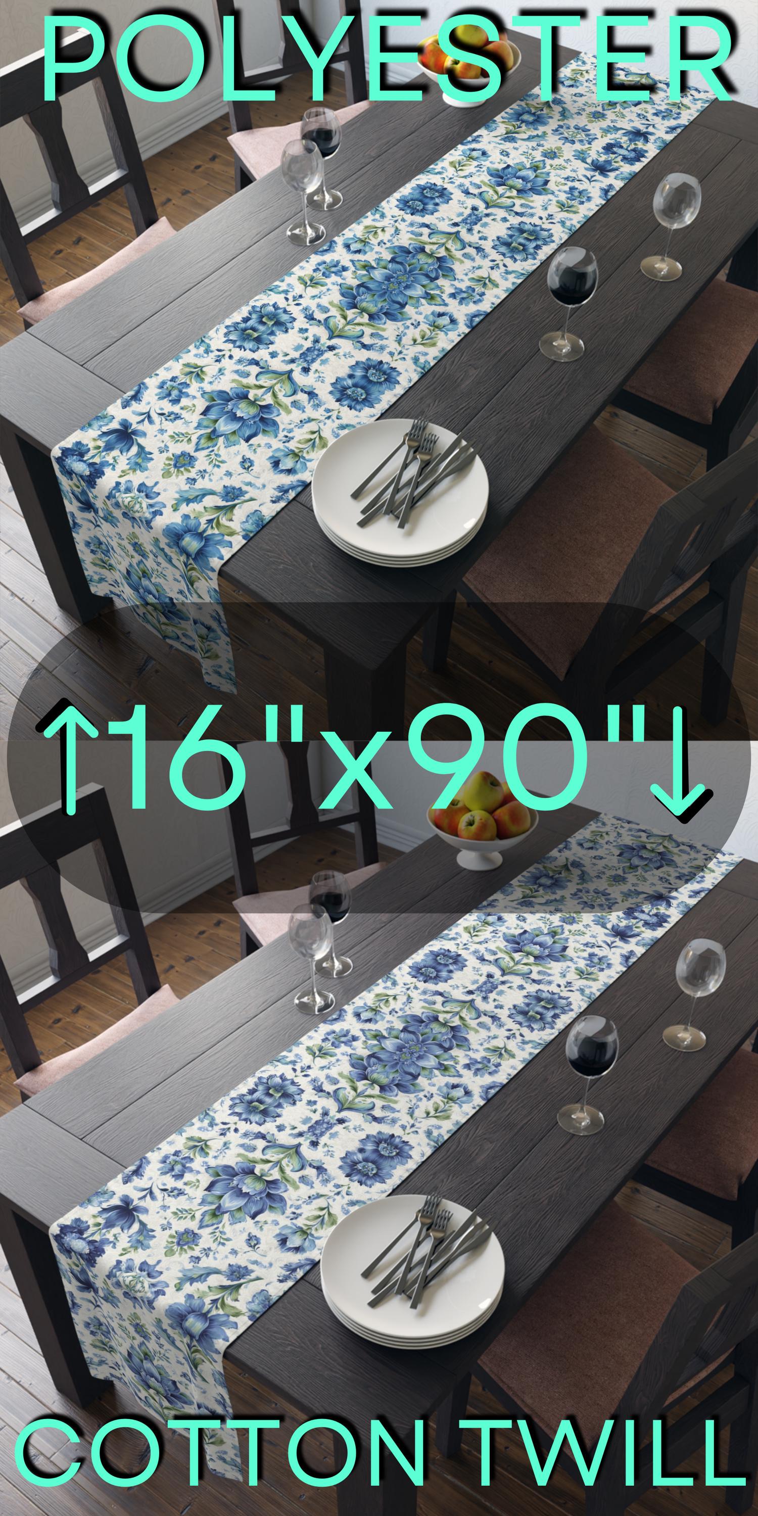 Jacobean Floral Table Runner: Blue-Green Vintage-Inspired Botanical Print for Elegant Dining Decor