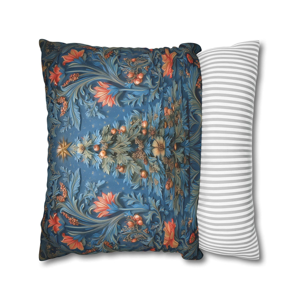 William Morris Inspired Christmas Tree Pillow Cover: Vintage Floral Holiday Design in Navy & Copper