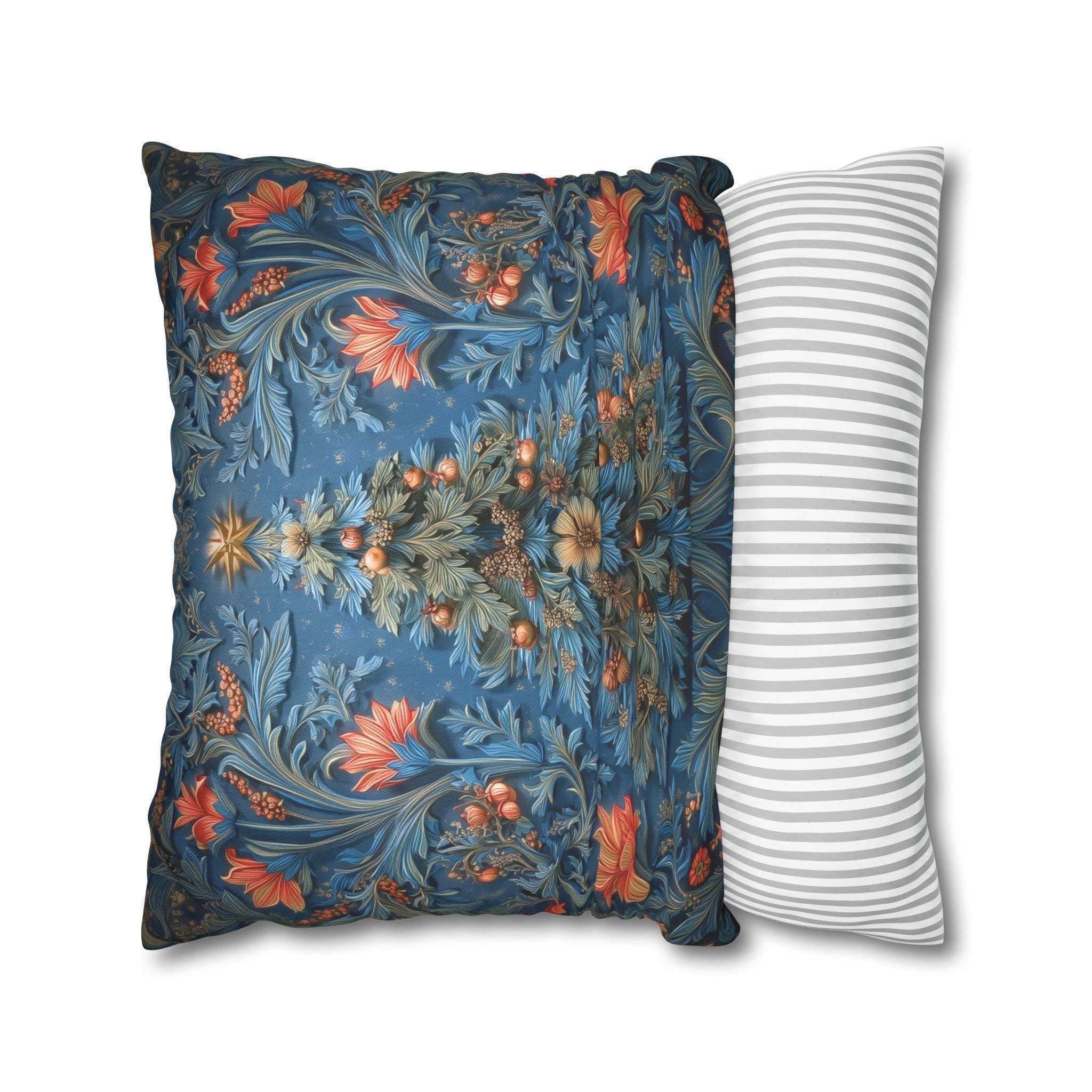William Morris Inspired Christmas Tree Pillow Cover: Vintage Floral Holiday Design in Navy & Copper