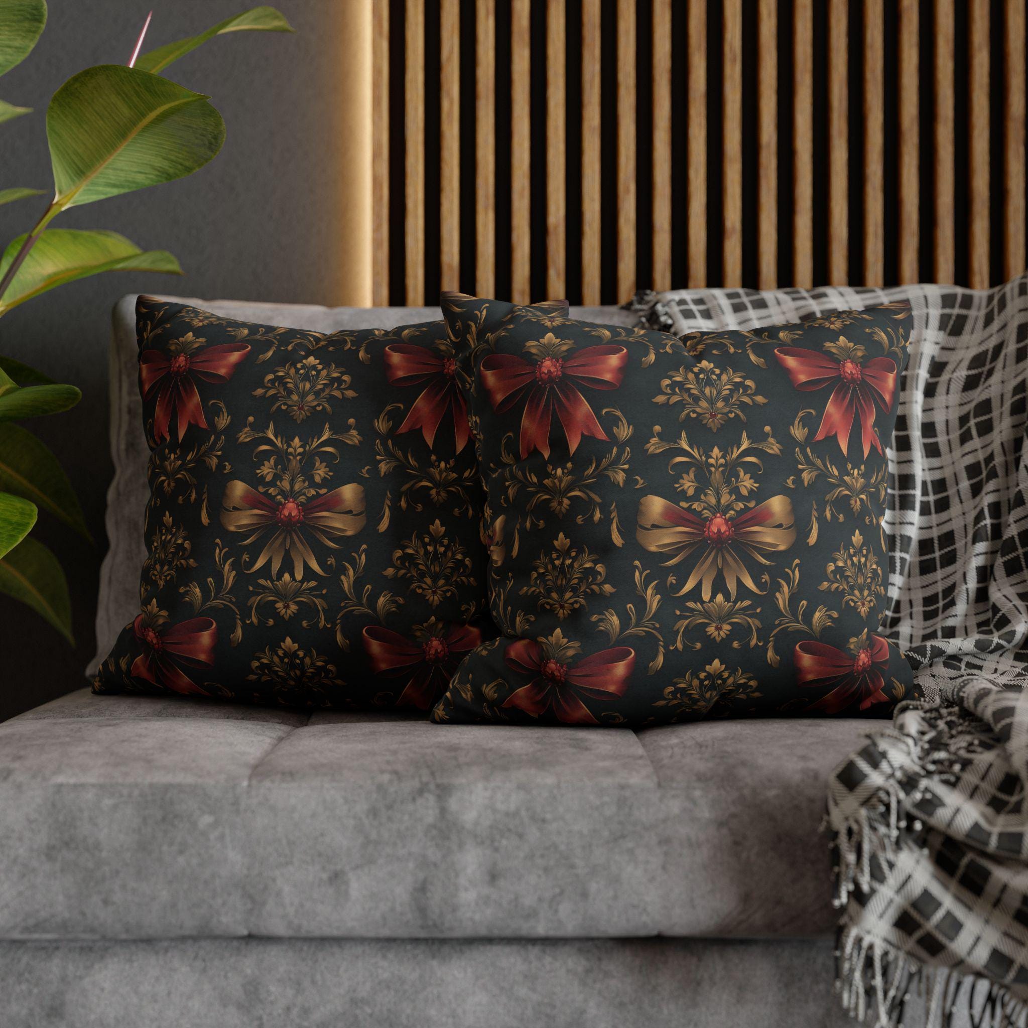 Baroque Christmas Pillow Cover: Green Charcoal Red Gold Bows