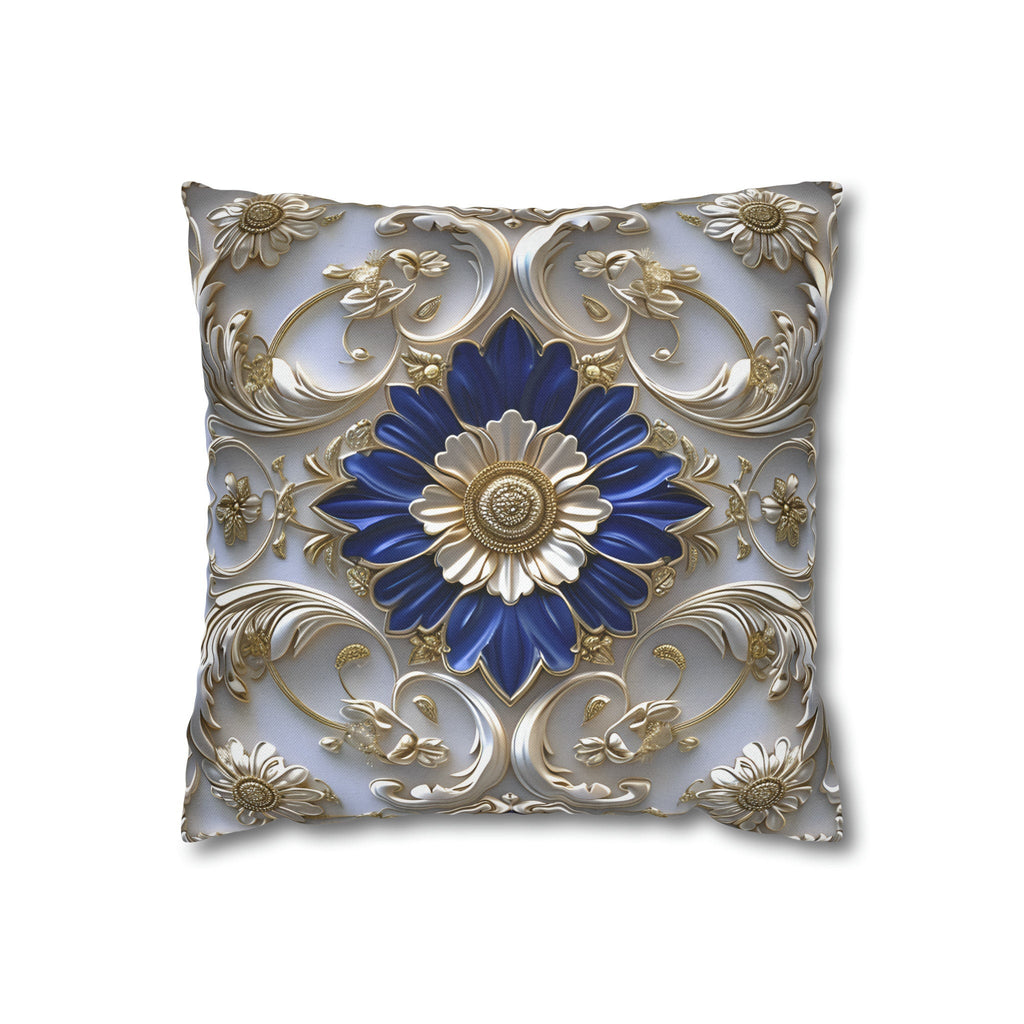 Baroque Floral Throw Pillow Cover: Cobalt Blue, Silver-Gray & Gold Accents, Elegant Cushion Case