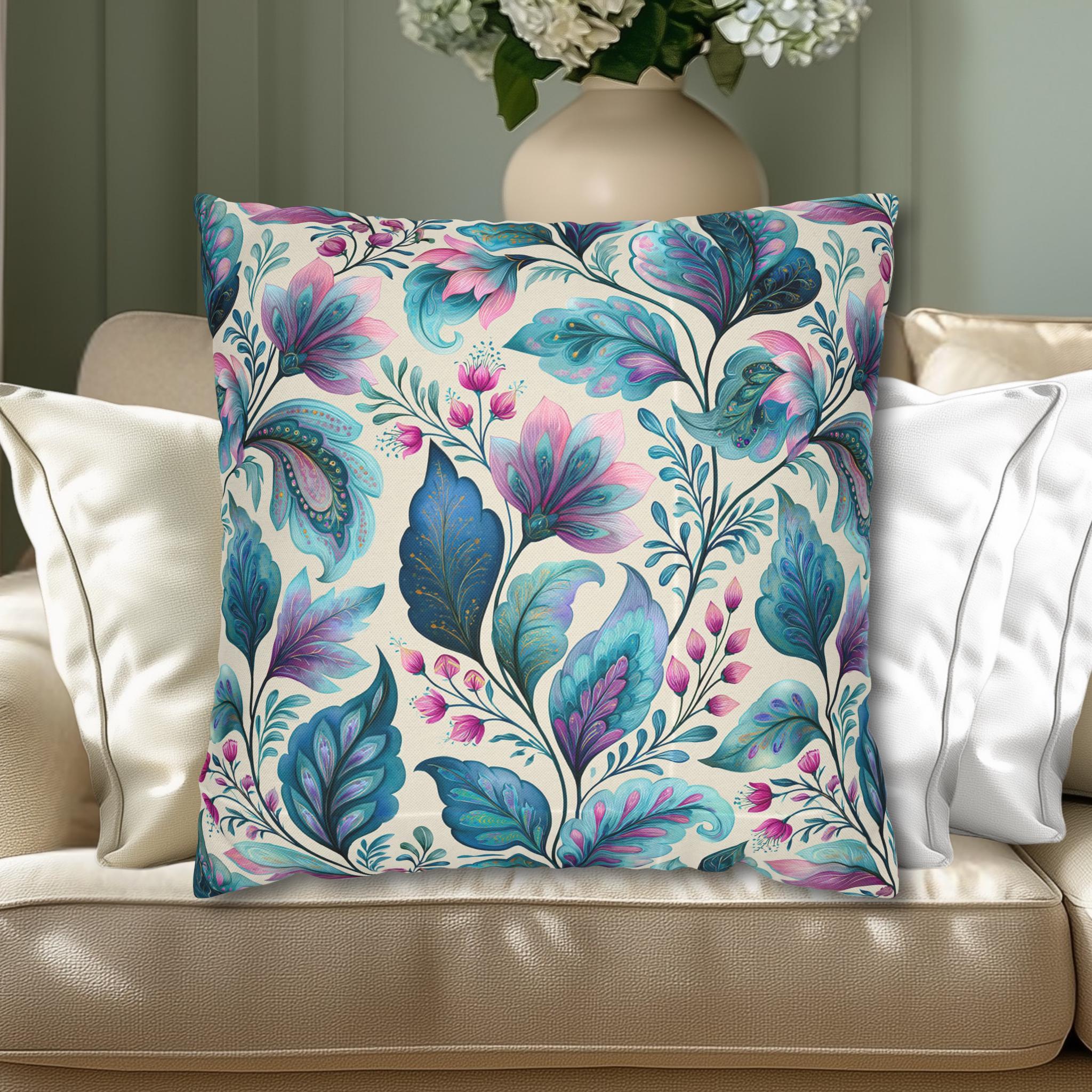Botanical Paisley Pillow Cover: Watercolor Jewel Tone in Teal, Aqua, Violet and Pink