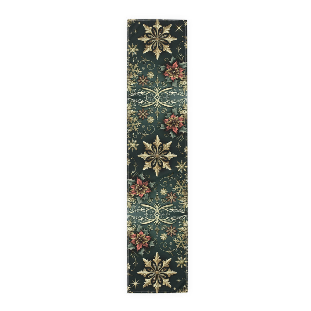 Poinsettia Christmas Table Runner: Emerald, Gold Snowflakes, Holiday Dining
