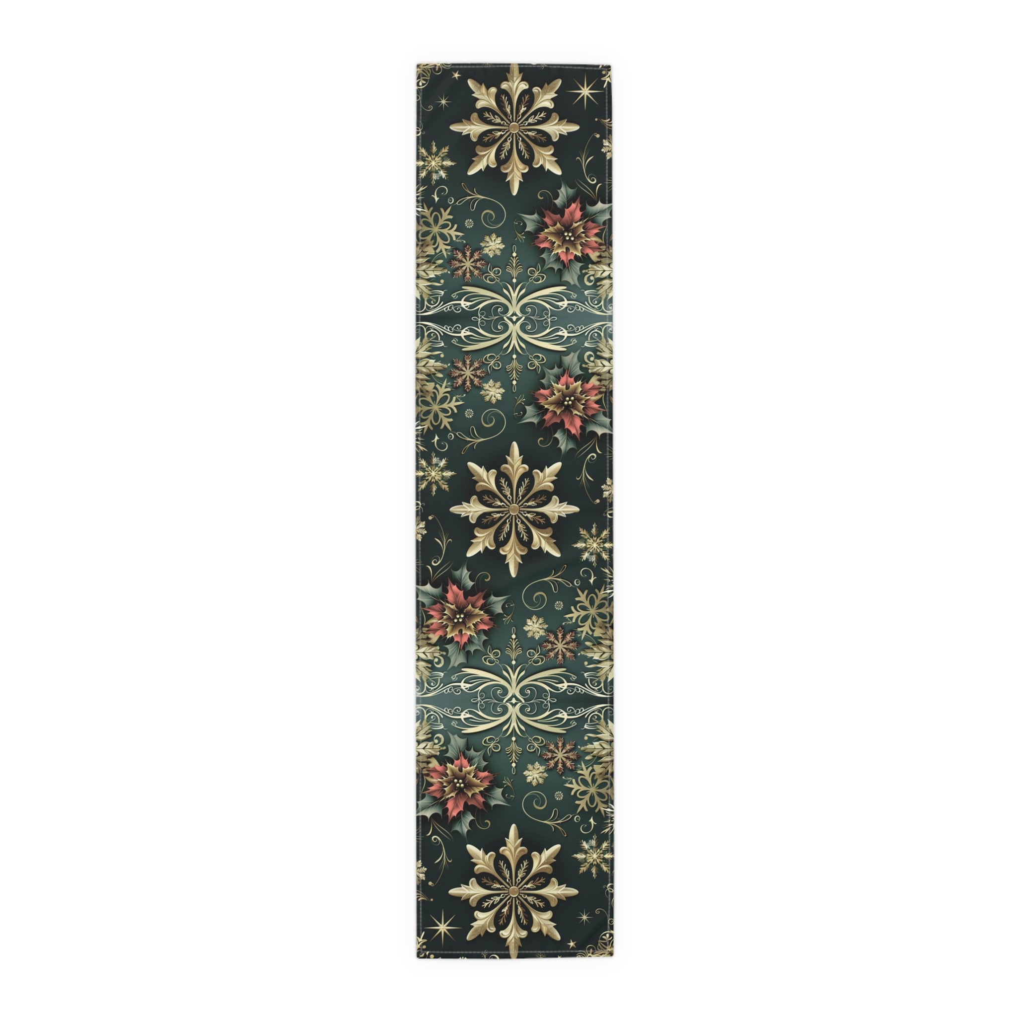 Poinsettia Christmas Table Runner: Emerald, Gold Snowflakes, Holiday Dining