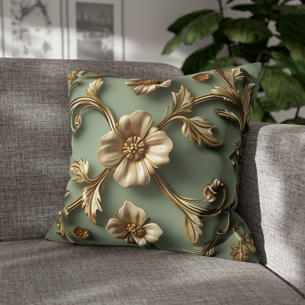 Vintage Style Floral Pillow Cover: Taupe Gold 3D Design on Sage Green