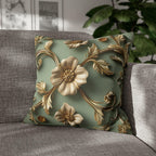 Vintage Style Floral Pillow Cover: Taupe Gold 3D Design on Sage Green