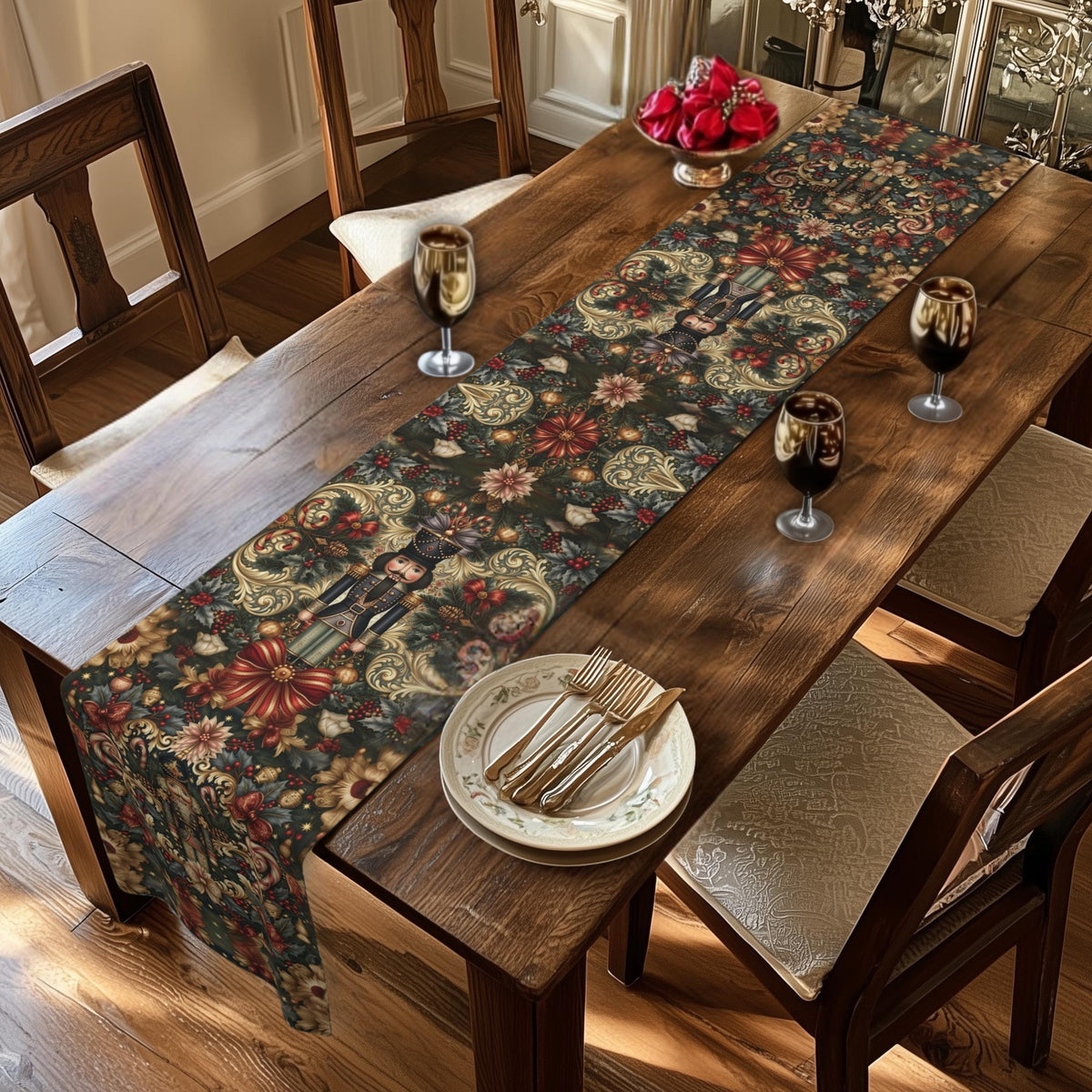 William Morris Nutcracker Christmas Table Runner: Red, Green, Gold Vintage Style Holiday Dining