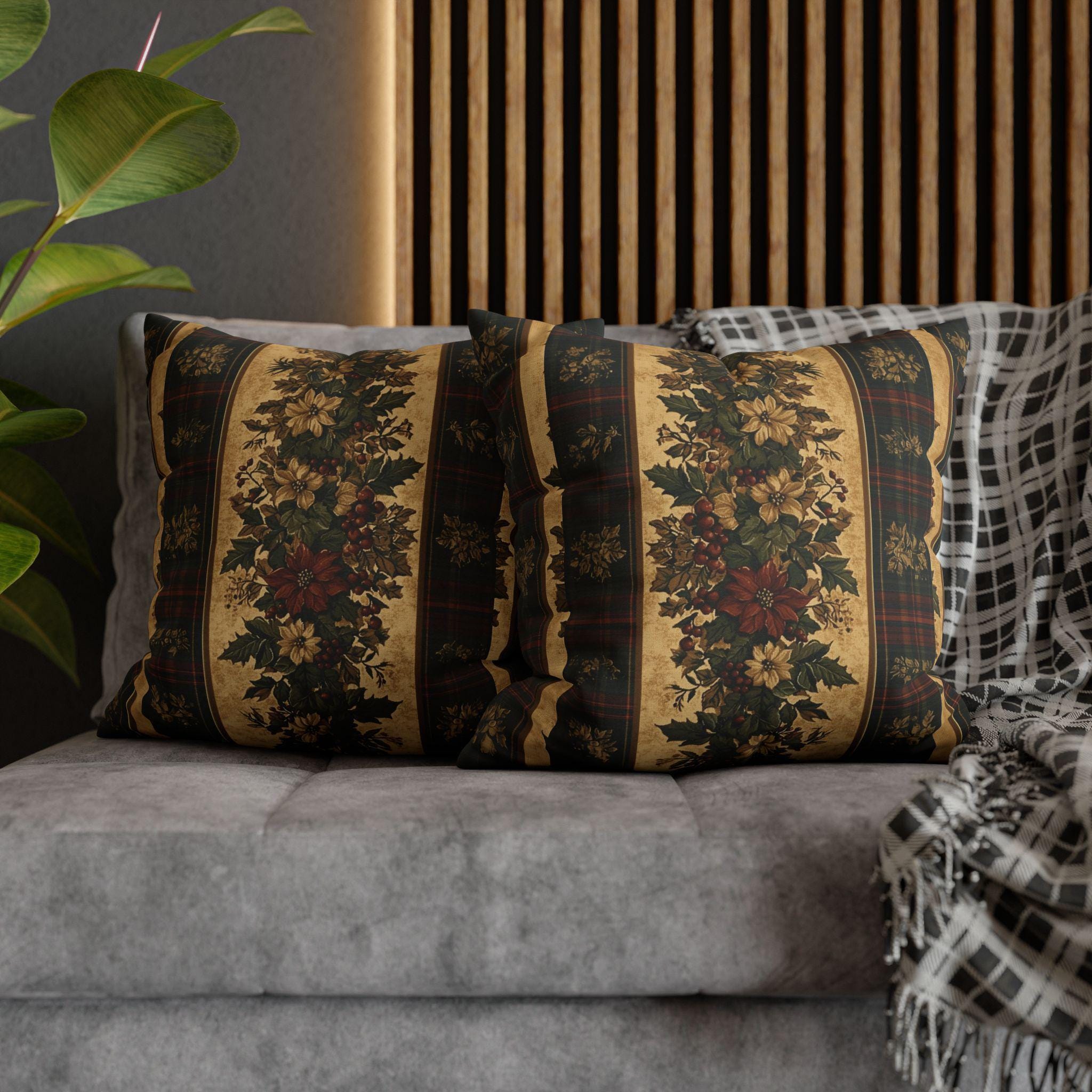 Plaid Botanical Stripes Christmas Throw Pillow Cover: Vintage Style with Poinsettias and Holly