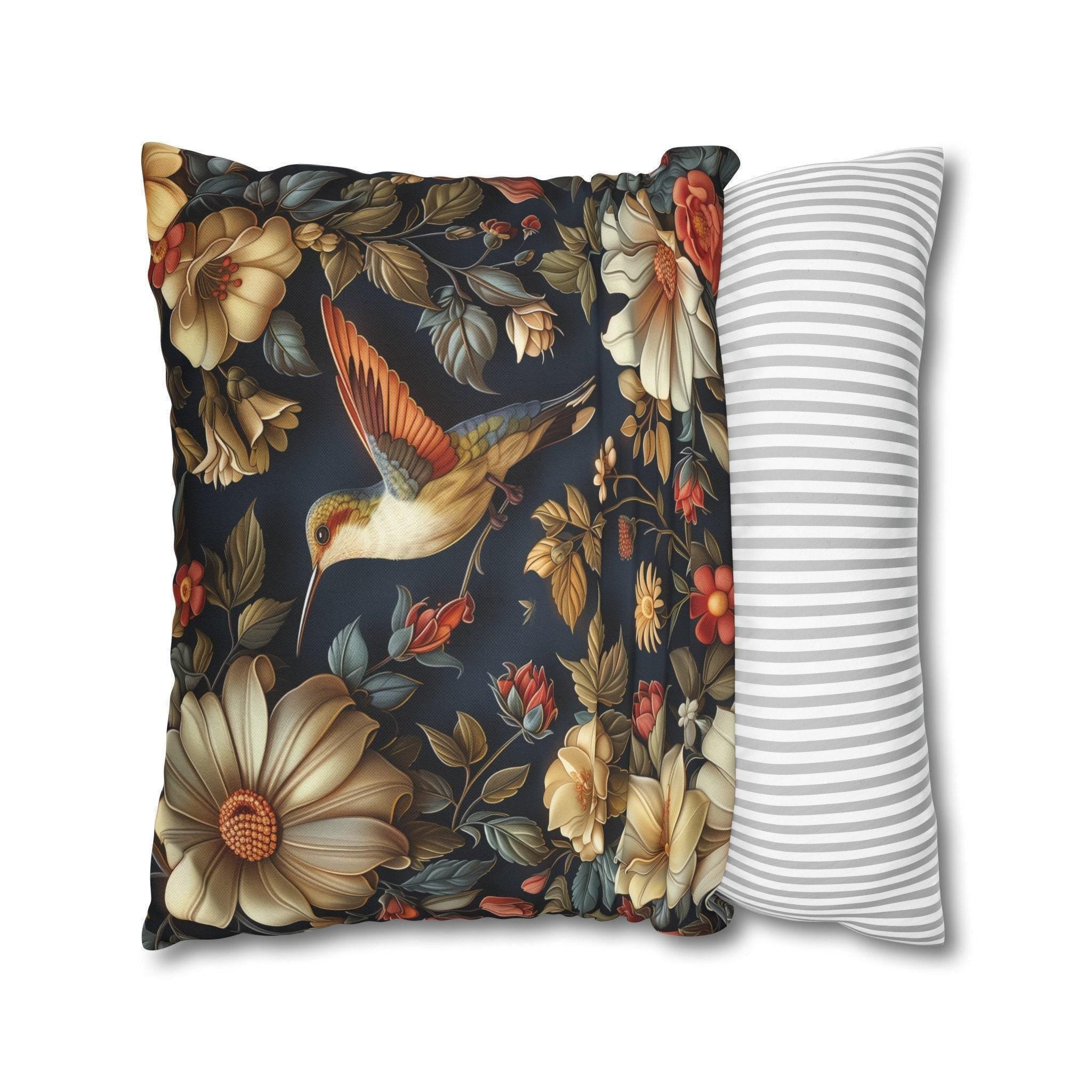 Elegant William Morris Inspired Hummingbird Floral Pillow Cover - Navy Background Art Lover Gift
