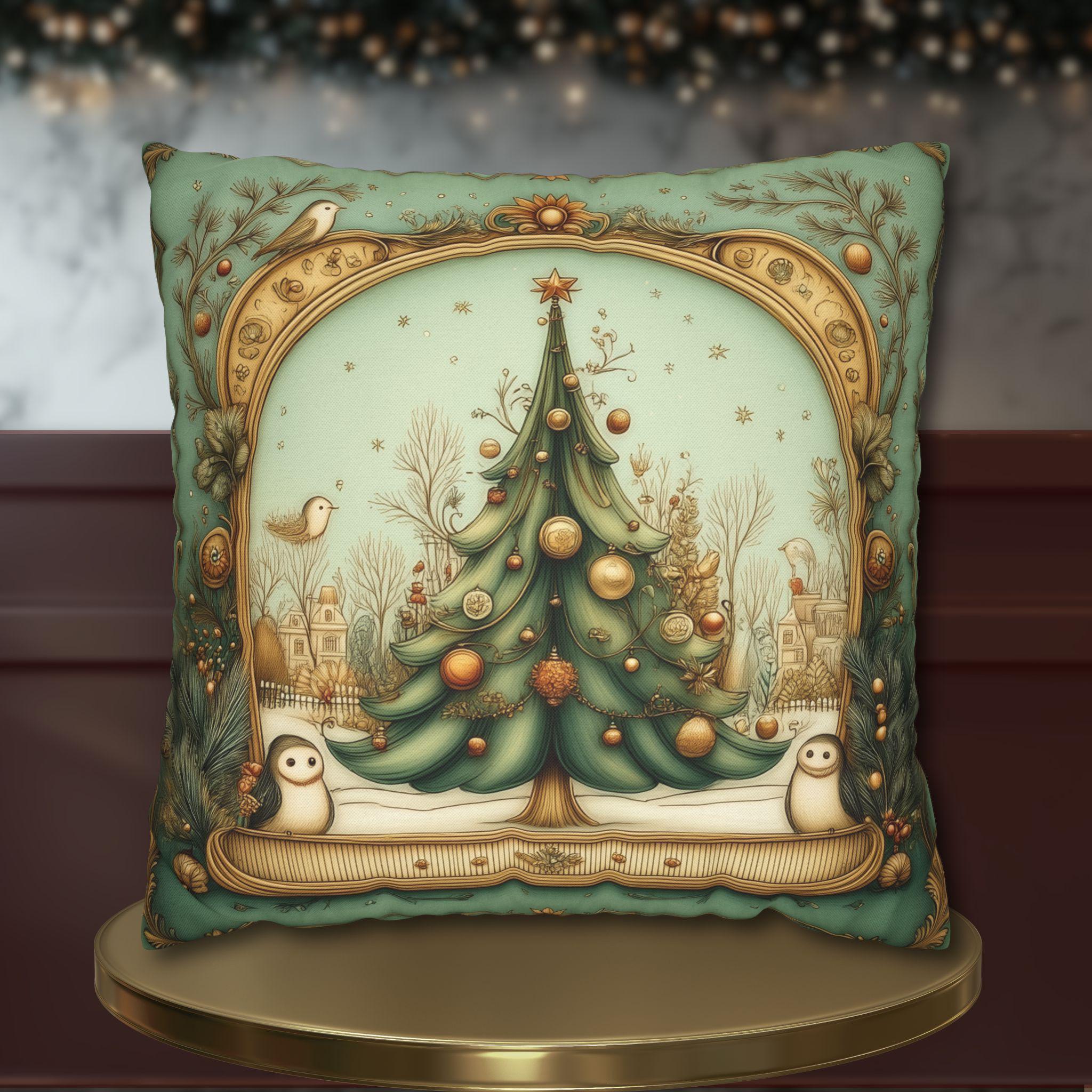 Vintage Style Christmas Tree Pillow Cover: Charming Teal & Gold Nostalgic Decor