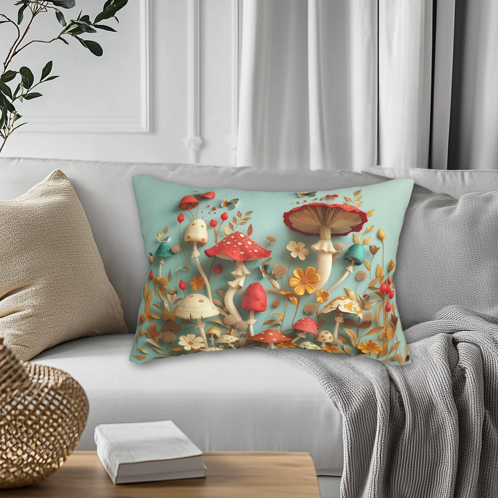 Mushroom Lumbar Throw Pillow: Magical Forest Whimsical Design