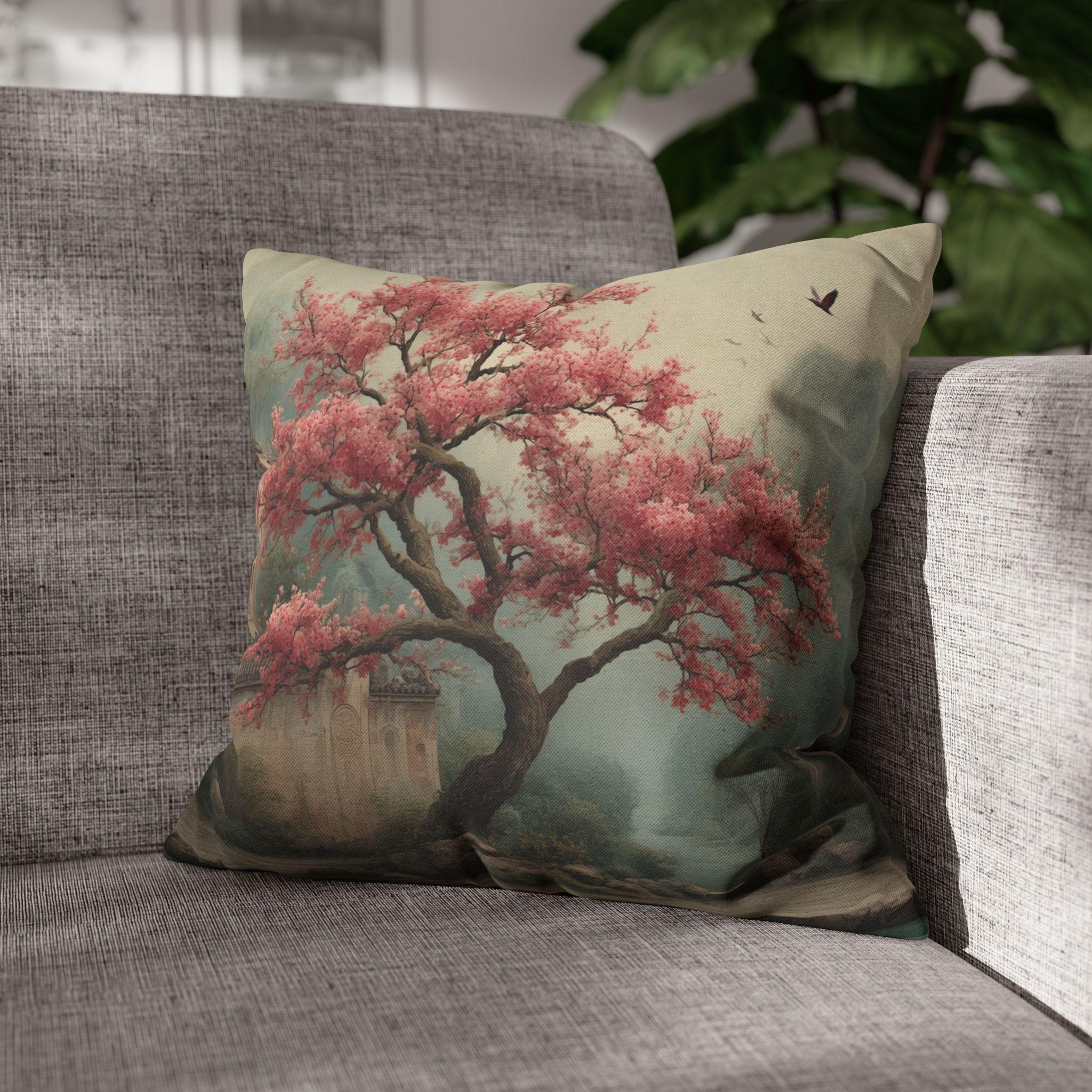 Chinoiserie Watercolor Pillow Cover: Pink Blossom Tree with Misty Temple Landscape Scene